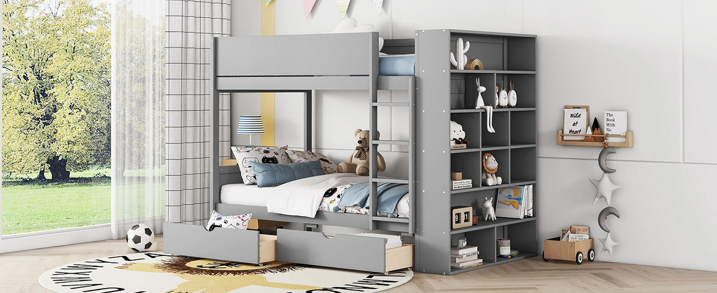 Versatile Gray Twin Bunk Bed with Storage Drawers and Multi-Layer Cabinet