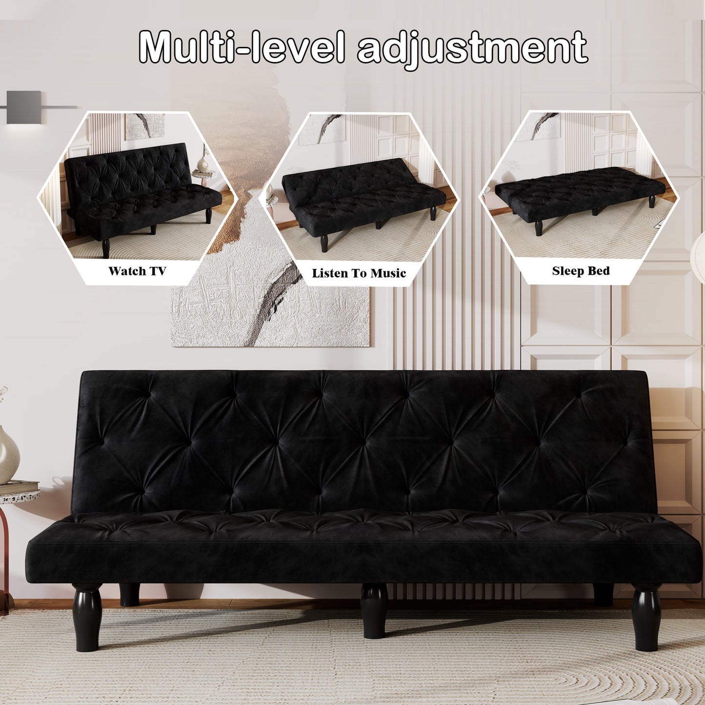 Convertible Black Velvet Sofa Bed for Family Living Room, Apartment, or Bedroom