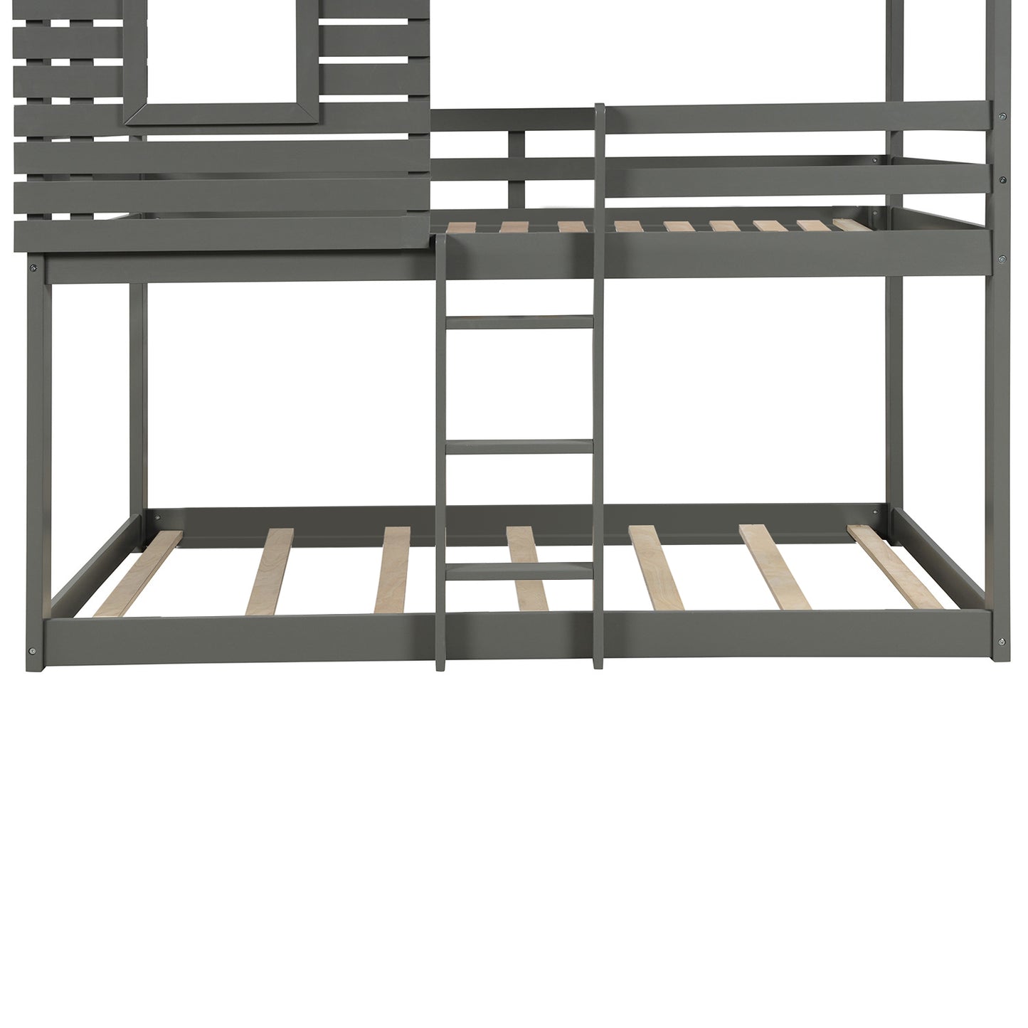 Gray Twin Over Twin Bunk Bed with Playhouse Roof and Window