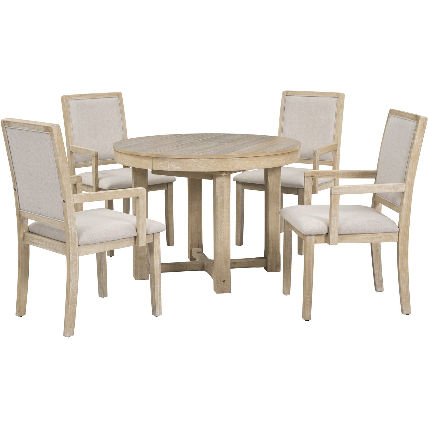 TREXM 5-Piece Dining Table Set, Two-Size Round To Oval Extendable Butterfly Leaf Wood Dining Table and 4 Upholstered Dining Chairs with Armrests (Natural Wood Wash)