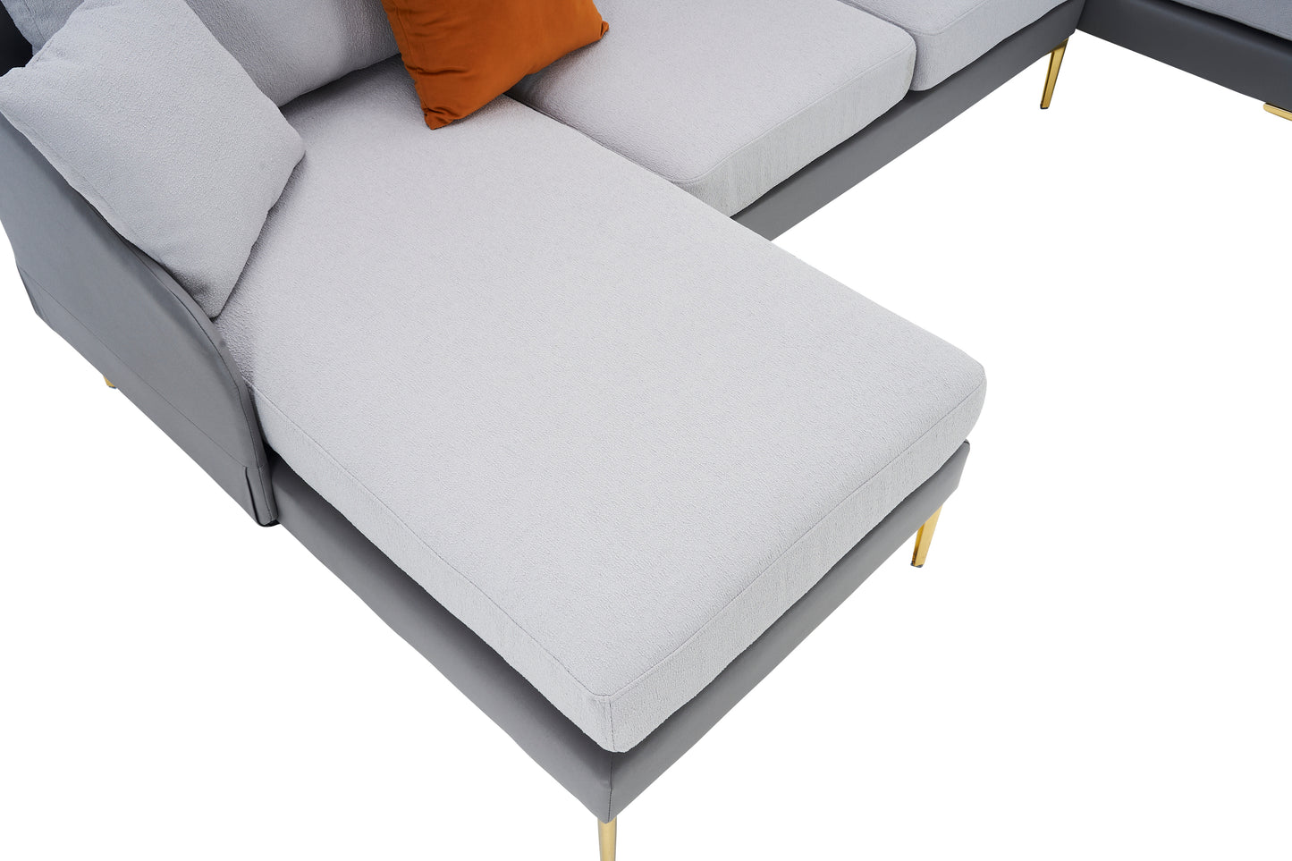 Modern large area Linen+Leathaire fabric color matching segmented sofa, ultra wide lounge chair, golden legs, U-shaped, double grey color