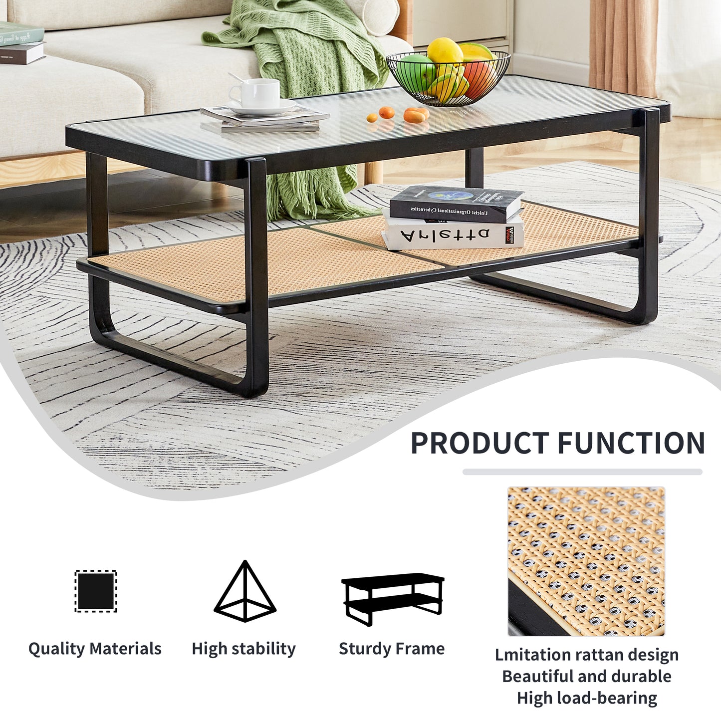 Elegant Rectangular Black Solid Wood Imitation Rattan Coffee Table with Chinese Style Side Table