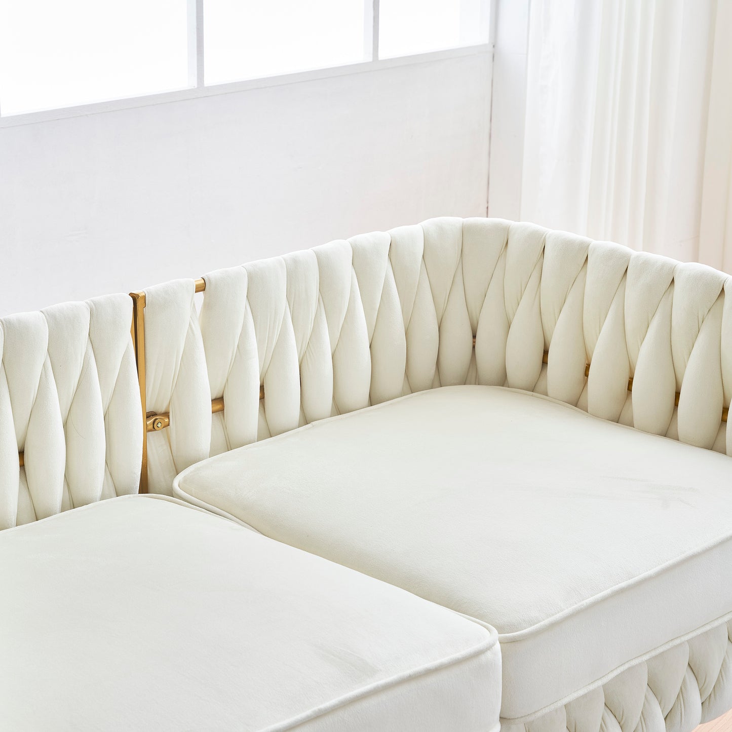 Luxurious 3-Piece Cream White Velvet Living Room Set with Hand-Woven Tufted Back and Golden Metal Legs