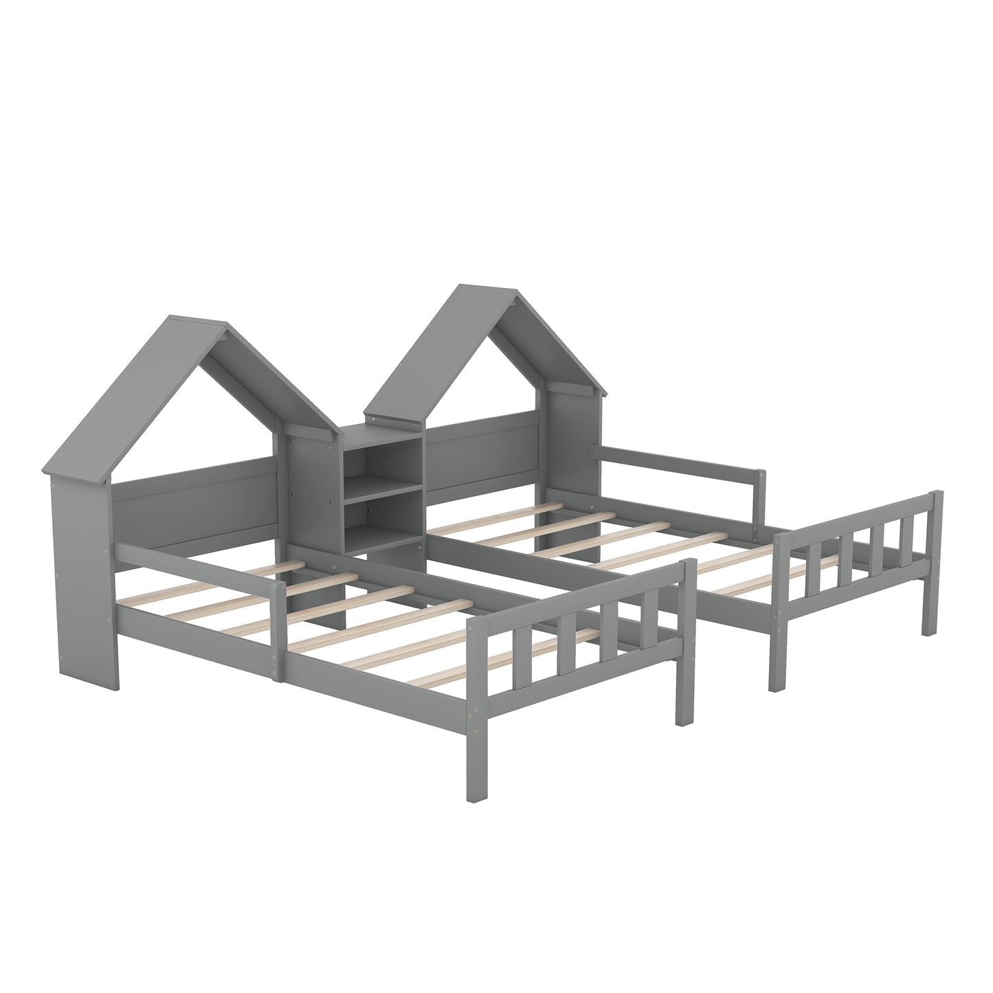 Double Twin Size Platform Bed with House-shaped Headboard and a Built-in Nightstand, Grey