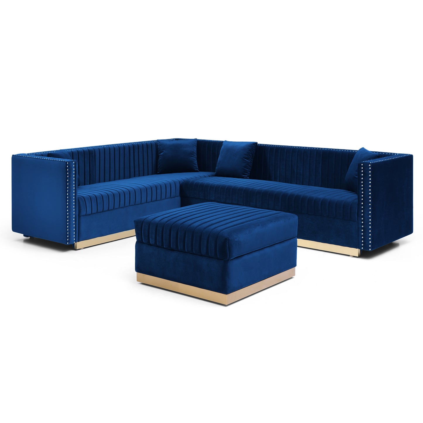 Blue Velvet L-shaped Sectional Sofa with Ottoman and 4 Pillows for Modern Living Rooms