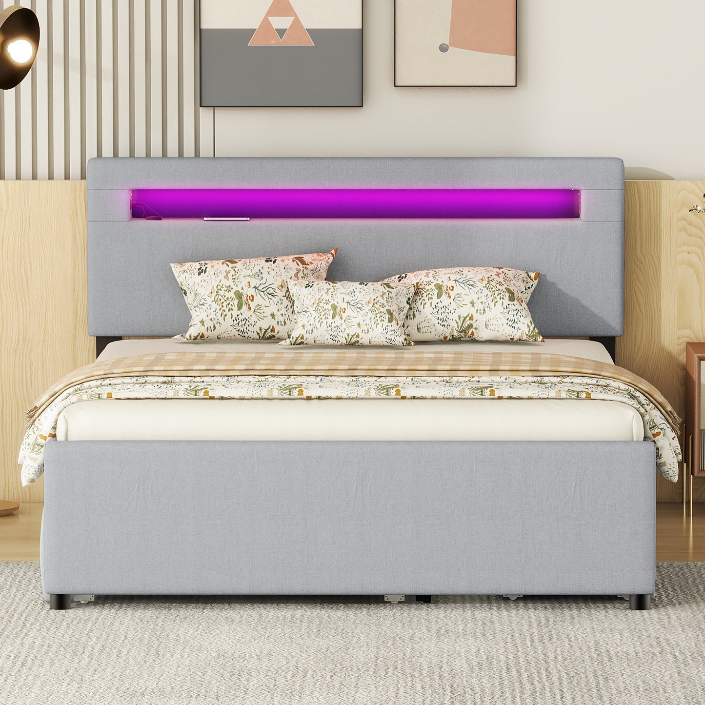 Queen Size Upholstered Storage Platform Bed with Twin Size Trundle, 2 Drawers, LED and USB Charging, Gray