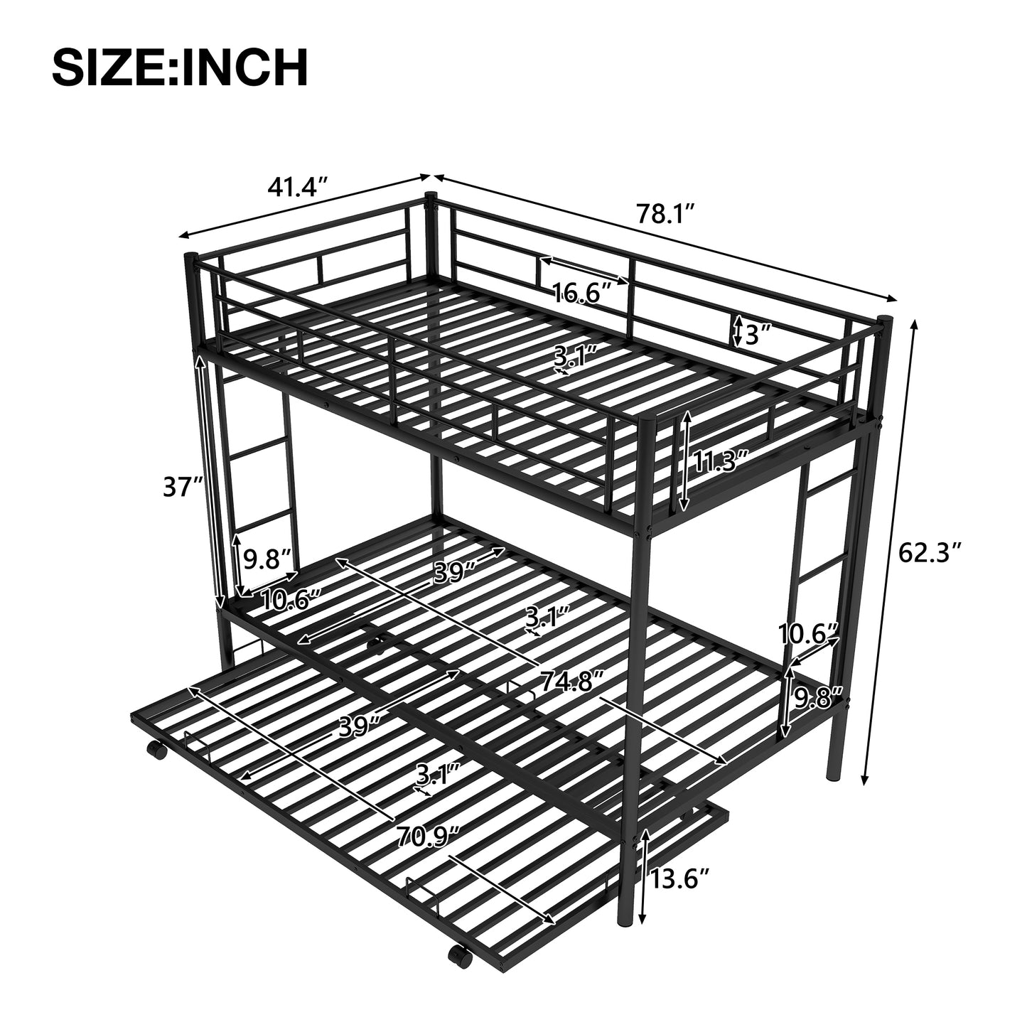 Twin Bunk Bed with Trundle - Space-Saving Black Design