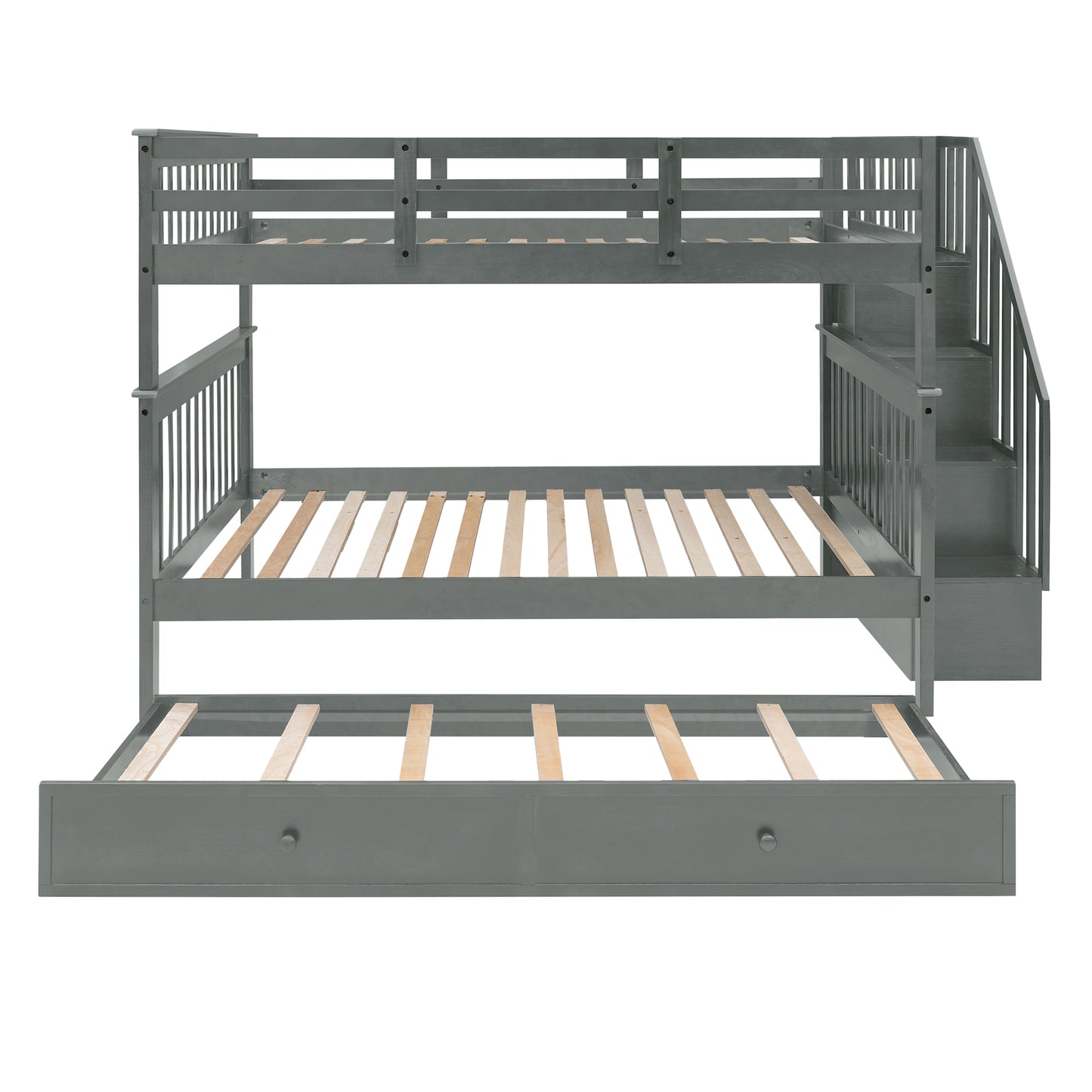 Gray Full-Over-Full Bunk Bed with Twin Trundle and Storage System