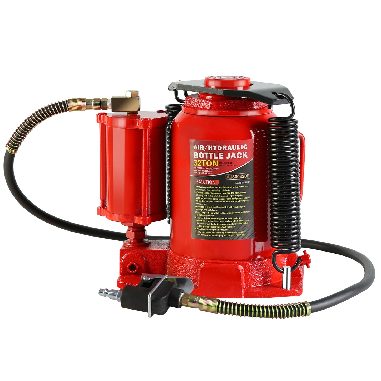 32-Ton Hydraulic Air/Manual Bottle Jack with Retractable Springs and Sturdy Saddle