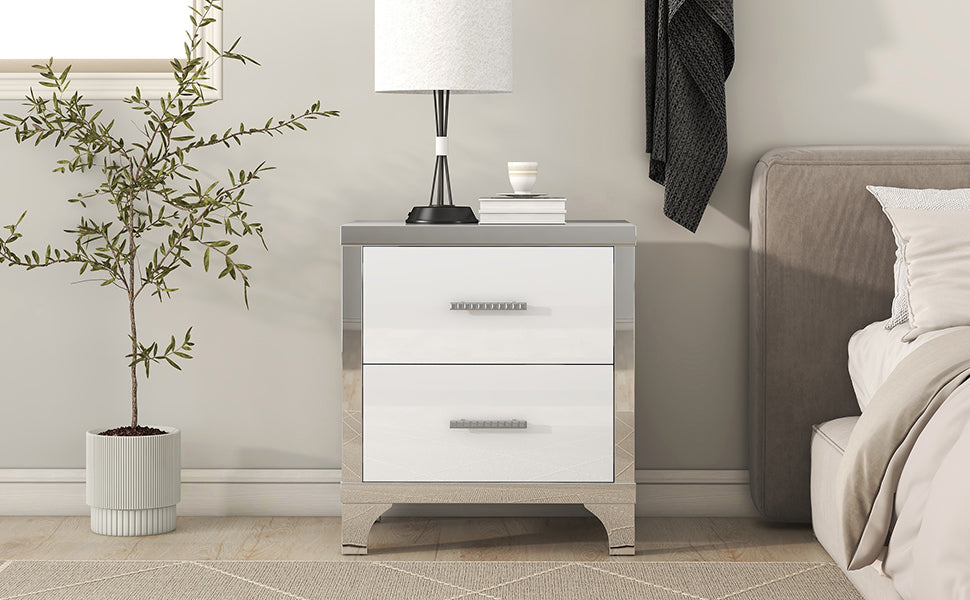 Elegant High Gloss Nightstand with Metal Handle,Mirrored Bedside Table with 2 Drawers for Bedroom,Living Room,White