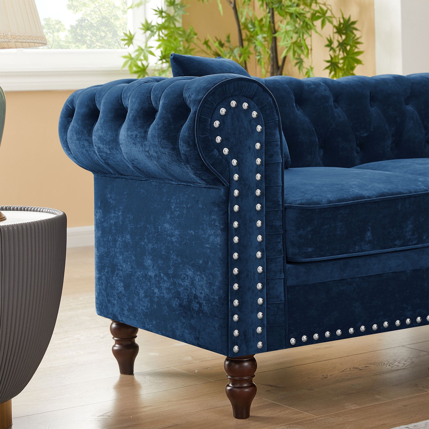 Luxurious Blue Velvet L-shaped Chesterfield Sofa with Deep Button Tufting