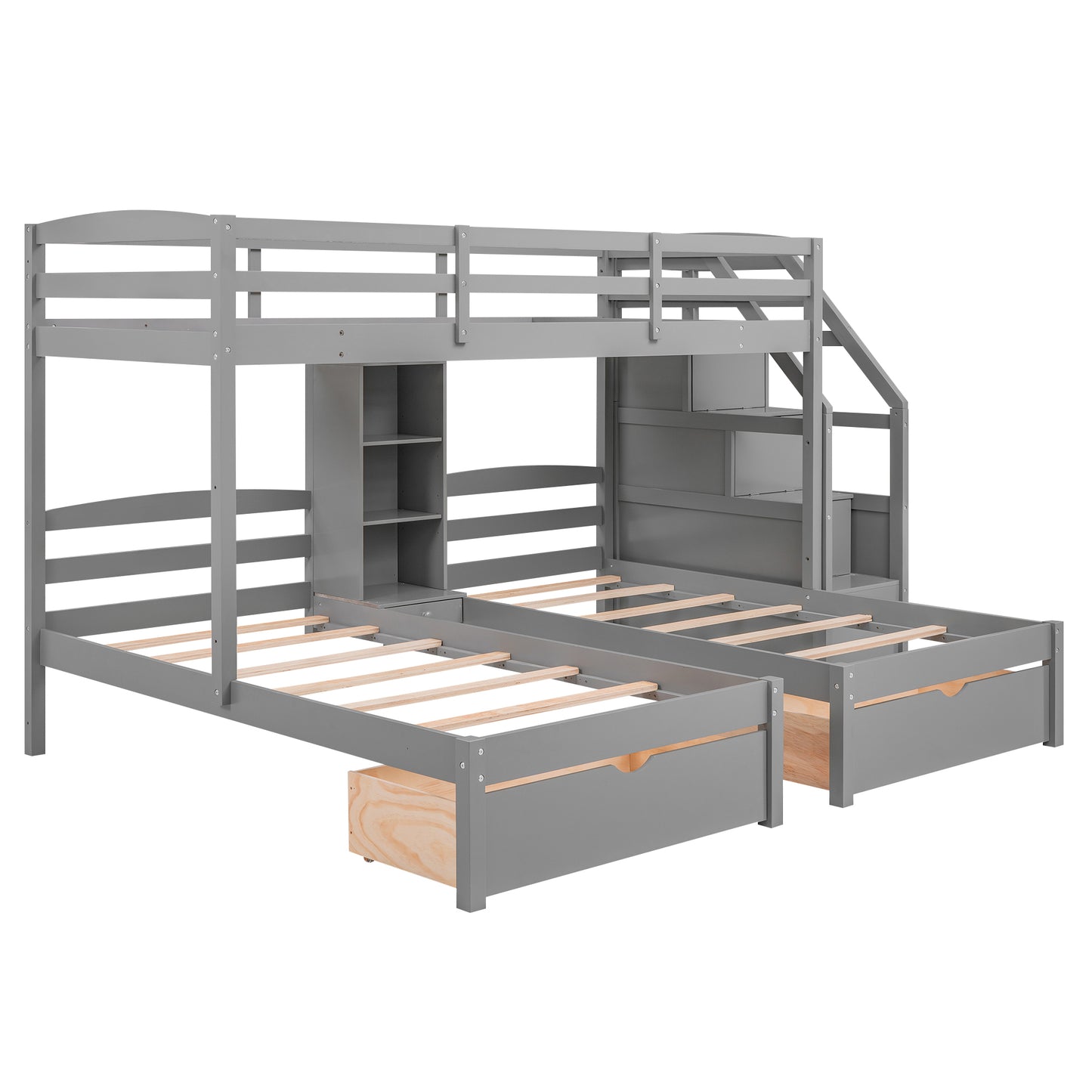 Gray Triple Bunk Bed with Storage Drawers, Staircase, and Built-in Shelves