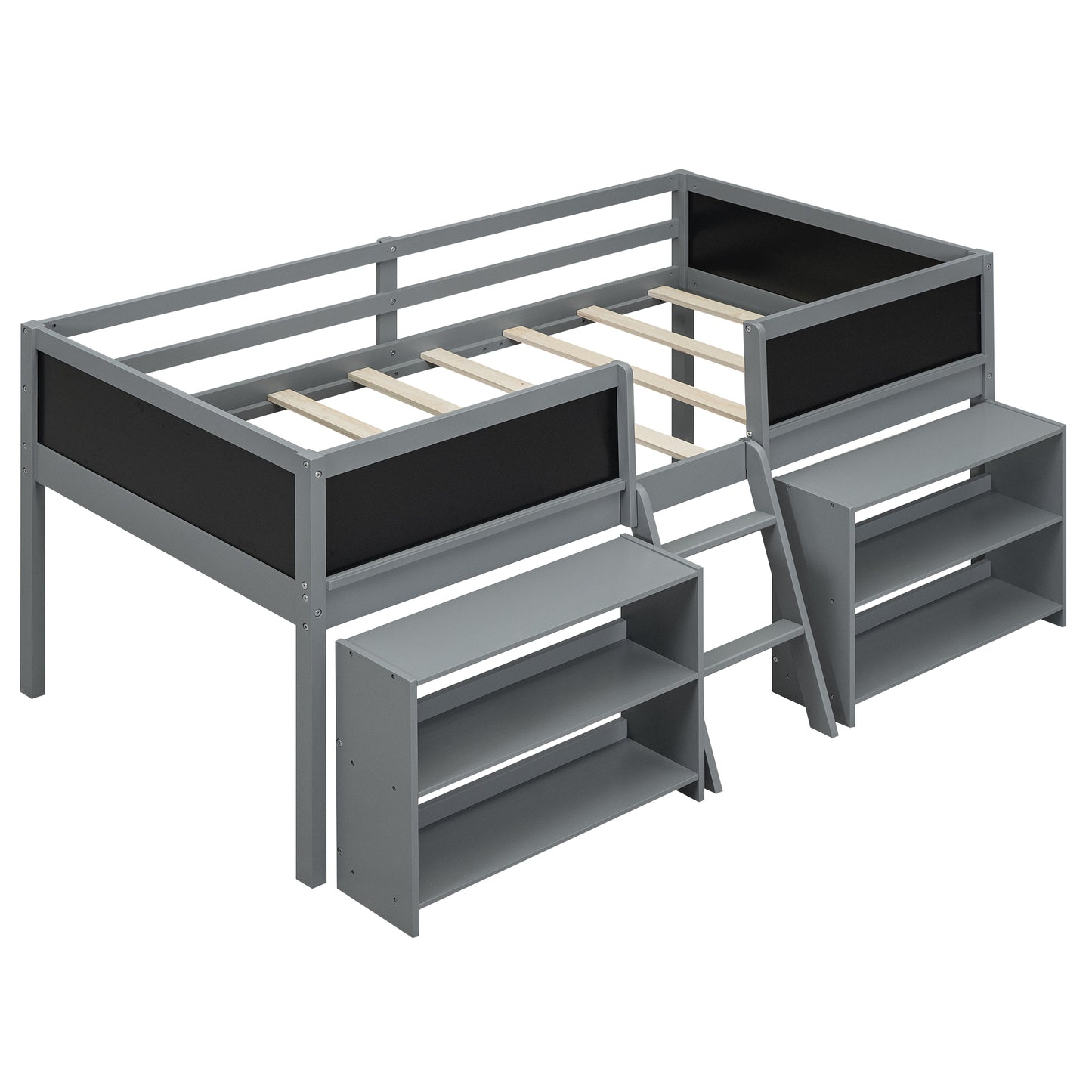 Twin Size Low Loft Bed with Two Movable Shelves and Ladder,with Decorative Guardrail Chalkboard,Gray(: WF283286AAE)