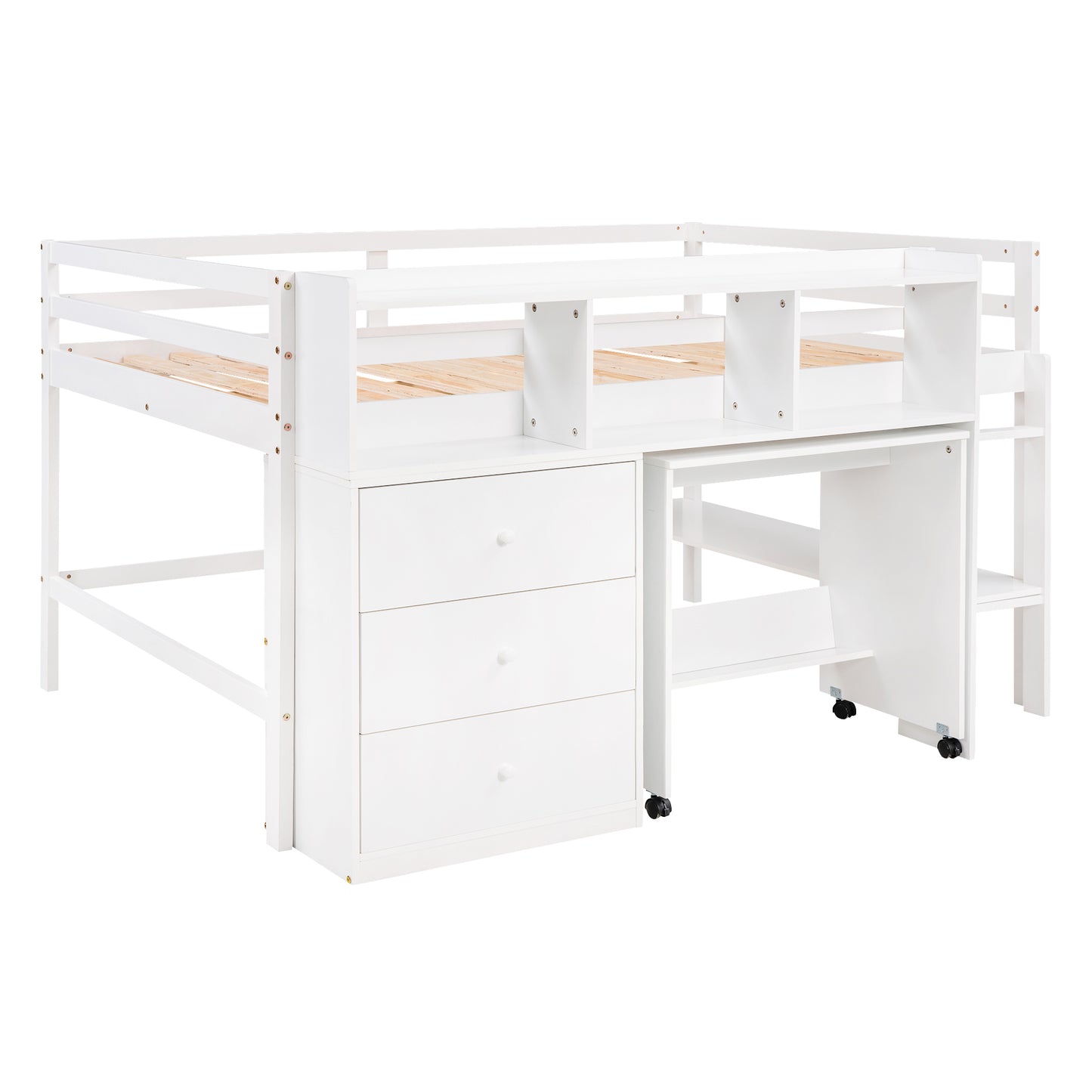 Full Size Low Loft Bed with Rolling Portable Desk, Drawers and Shelves, White(: GX000711AAK)