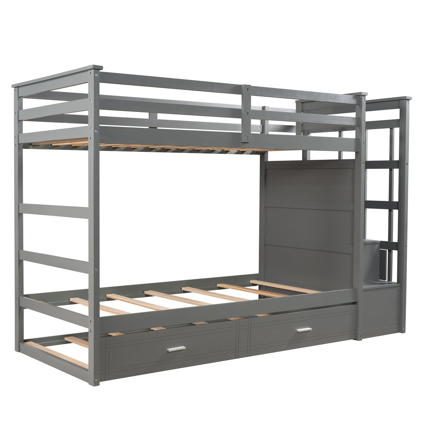 Twin Bunk Bed with Staircase, Trundle, and Storage Drawers in Natural Gray Finish