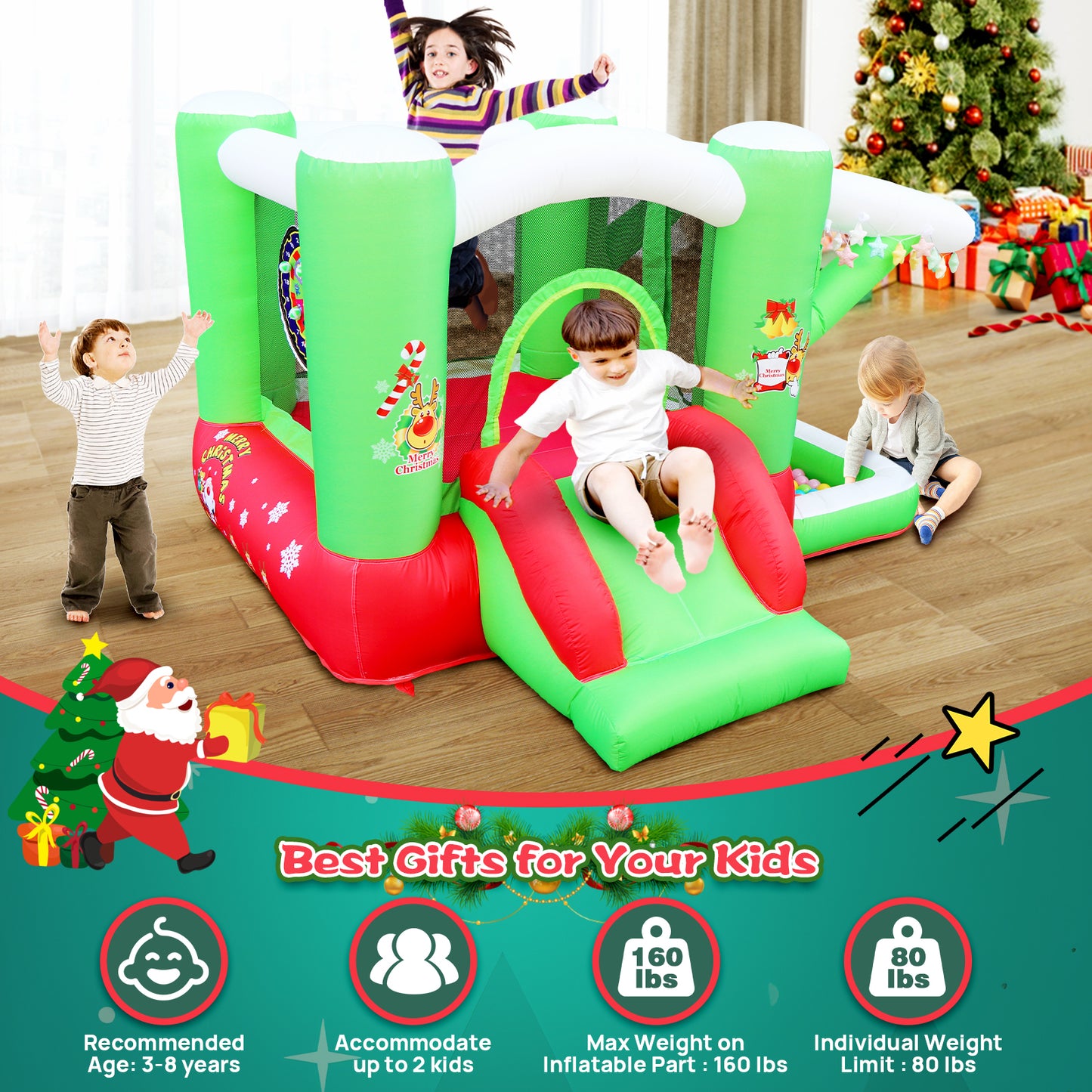 Festive Christmas Inflatable Bouncer with Blower for Kids - Spacious 80 x 91 Play Area - 55 Tall