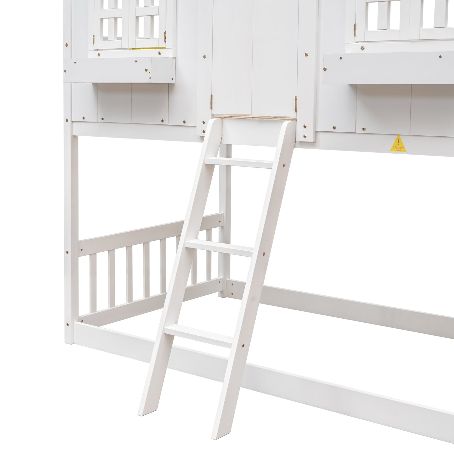 Cabin Inspired Kids' White Bunk Bed with Roof, Window, and Door