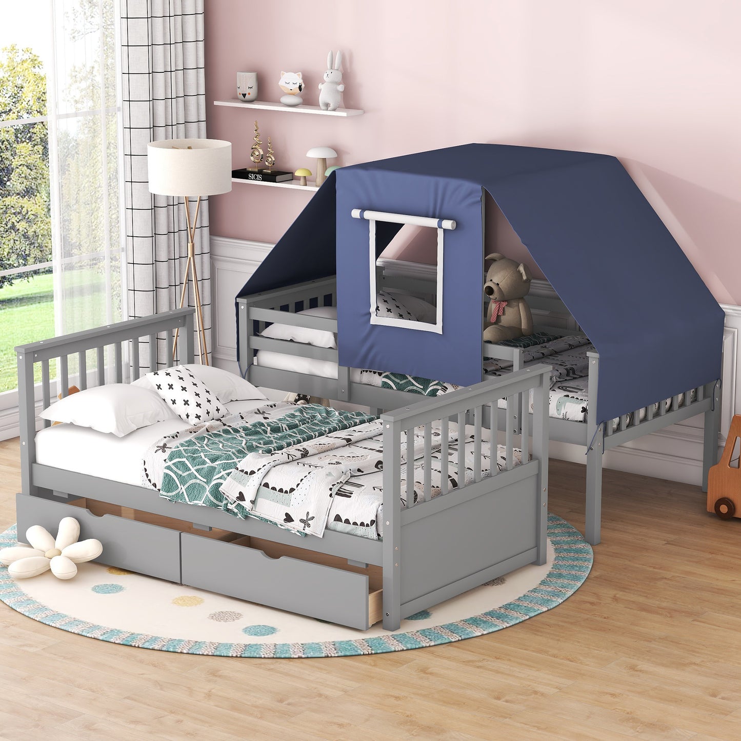 Twin Over Twin House Bunk Bed with Playful Tent and Storage Drawers, Gray+Blue Theme