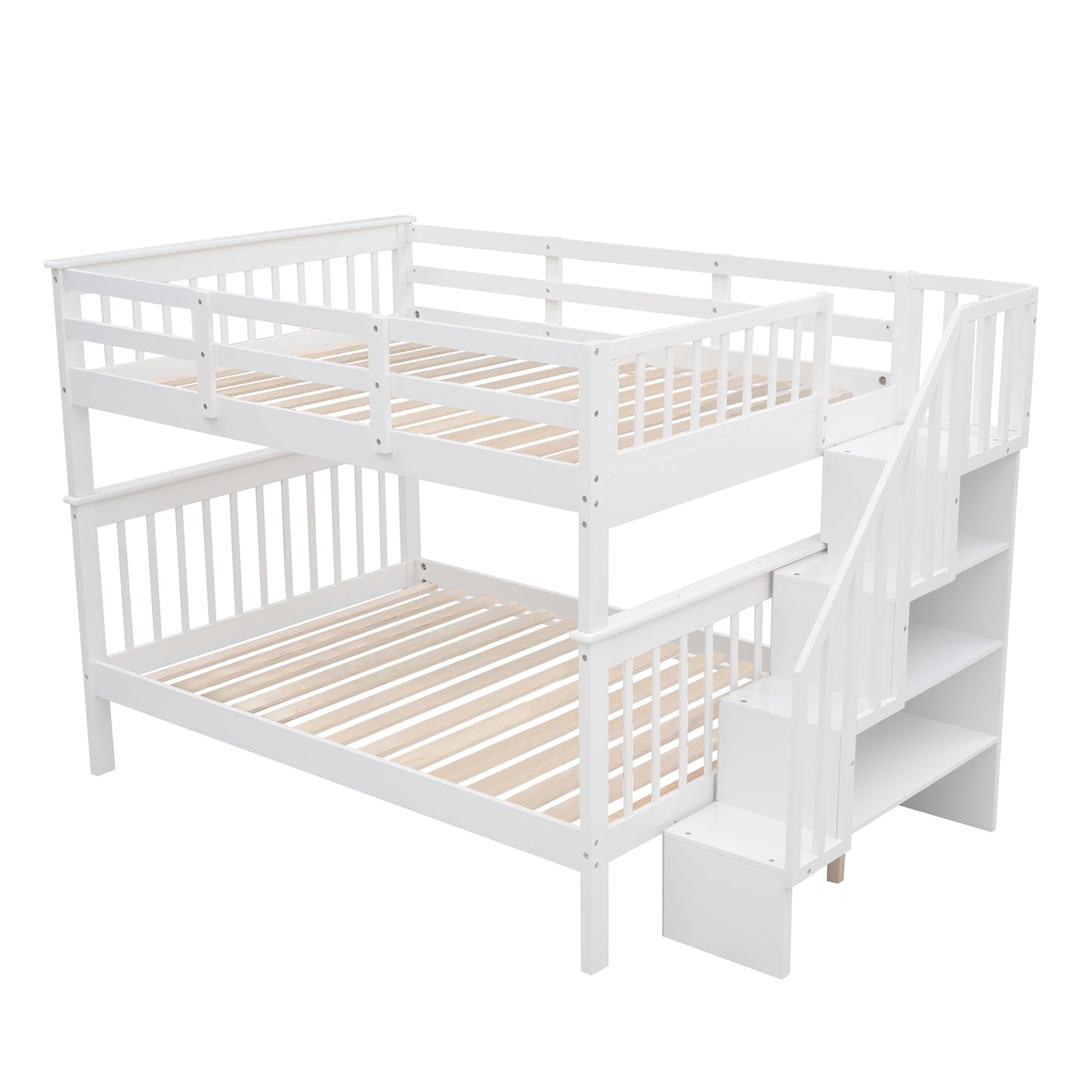 Stairway Full-Over-Full Bunk Bed with Storage, Guard Rail, and White Finish for Bedroom or Dorm with Ultimate Storage and Safety Features