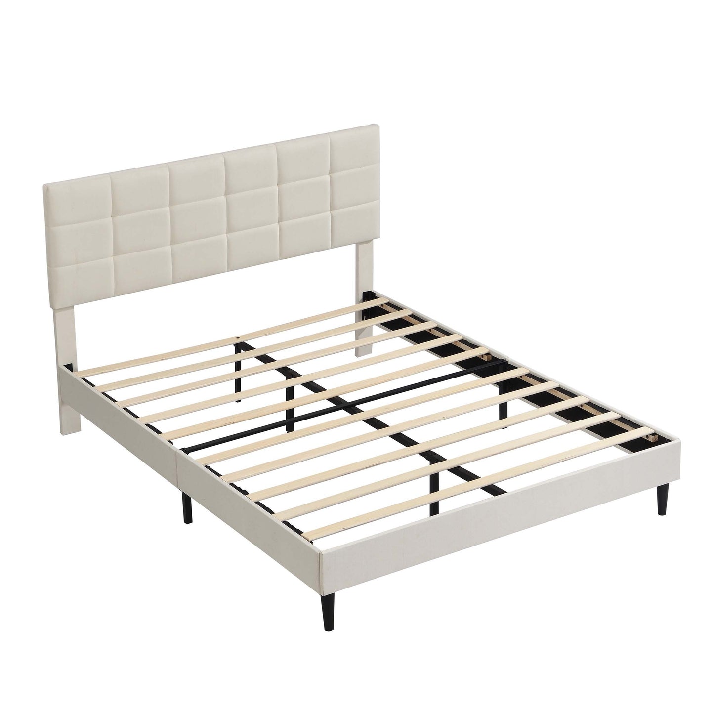 Queen Size Platform Bed Frame with Fabric Upholstered Headboard and Wooden Slats, No Box Spring Needed/Easy Assembly, Beige