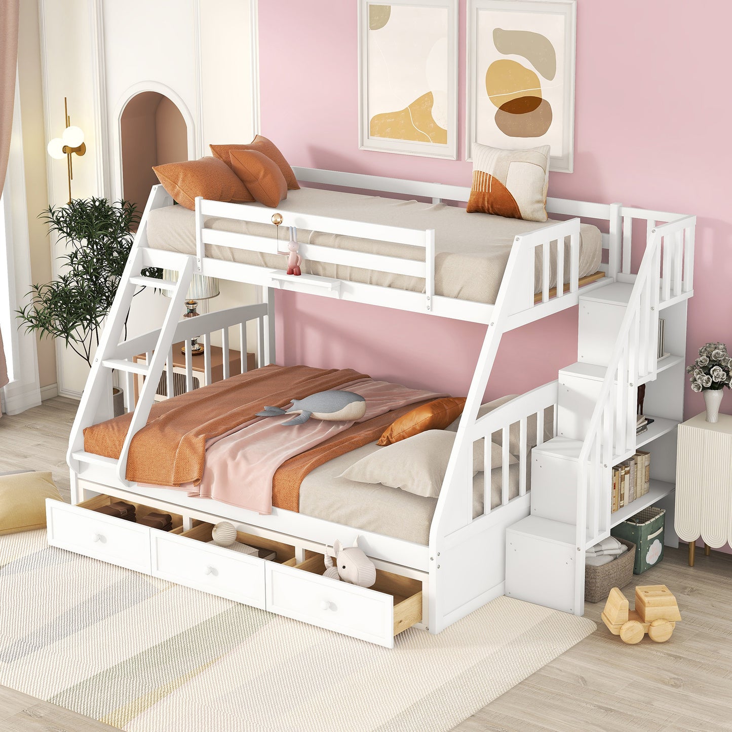 White Bunk Bed with Drawers, Ladder, and Storage Staircase for Twin and Full Sizes