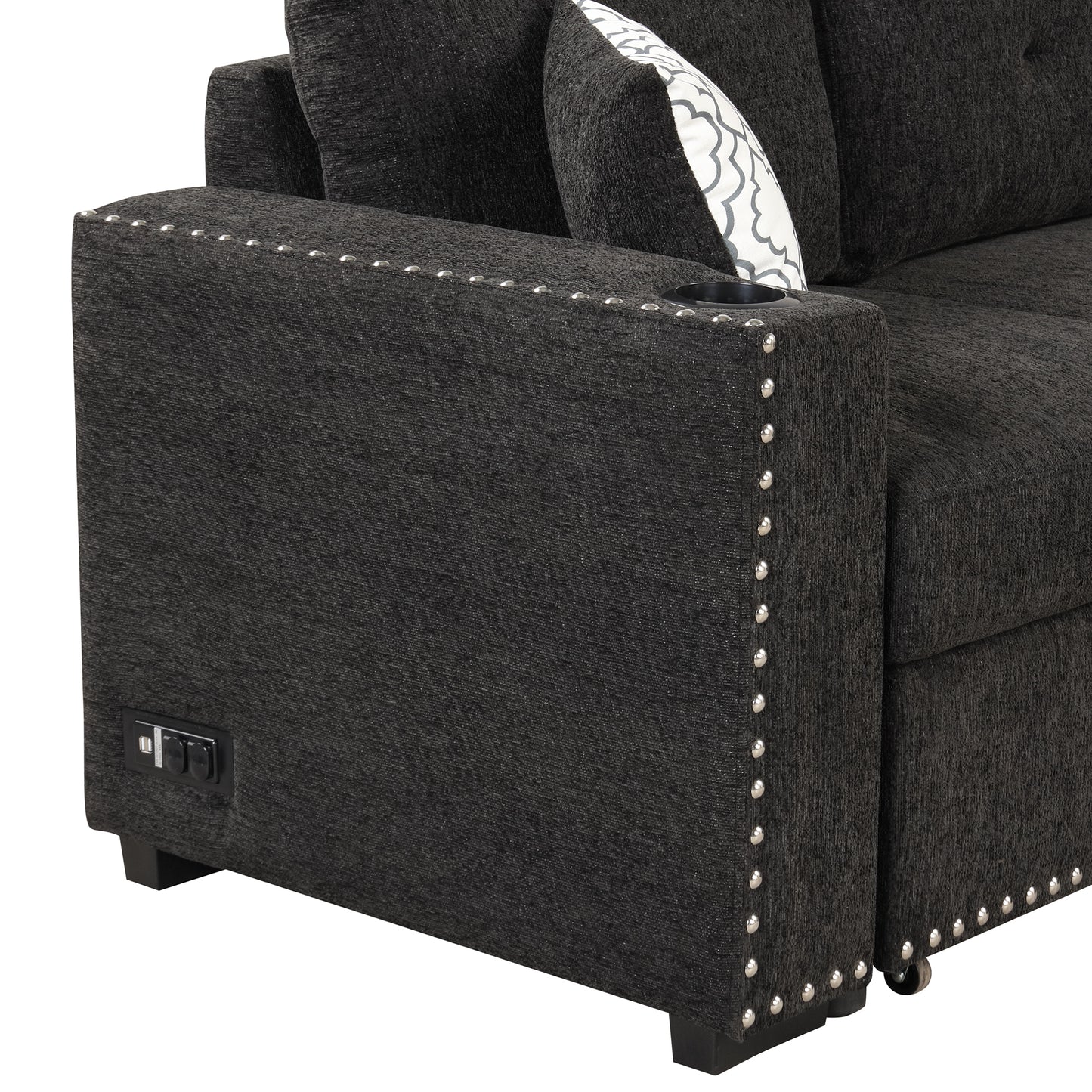 83.8 L-Shaped Reversible Sectional Sleeper Sofa with Cup Holder and USB Ports, Black