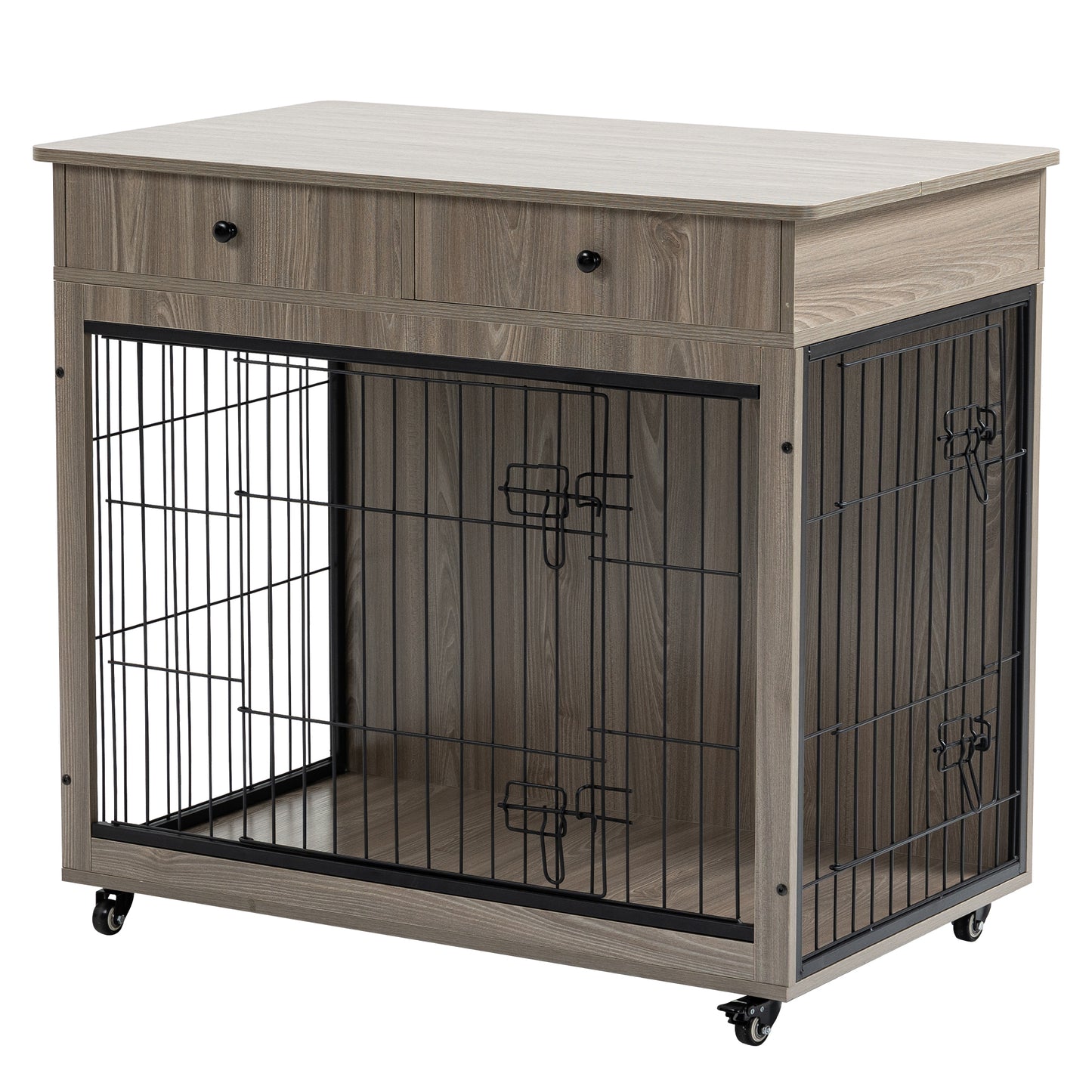 Dog Crate Furniture, Wooden Dog Crate End Table, 38.4 Inch Dog Kennel with 2 Drawers Storage, Heavy Duty Dog Crate, Decorative Pet Crate Dog Cage for Large Indoor Use (Grey) 38.4" L×23.2" W×35" H