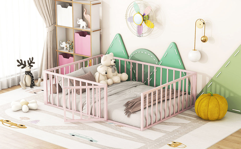 Full Size Metal Floor Bed Frame with Fence and Door, Pink