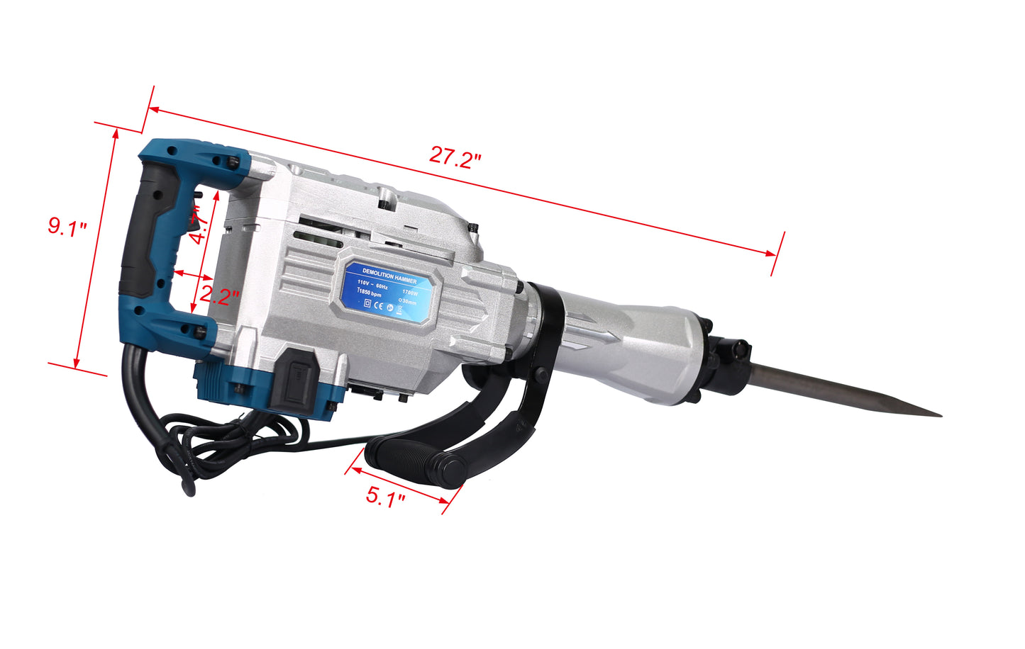 1700W 1900 BPM Electric Demolition Jack Hammer 1-1/8 Inch SDS-Hex Heavy Duty Concrete Pavement Breaker Drills Kit