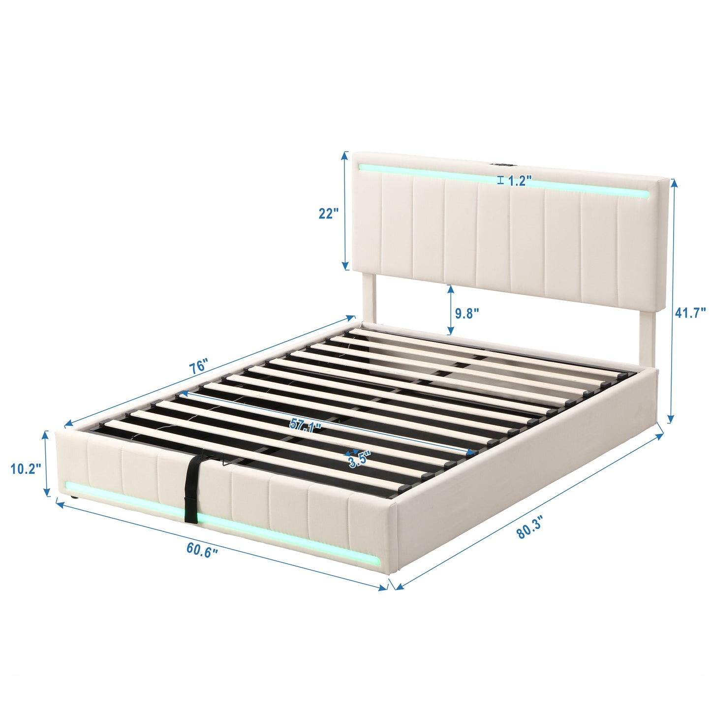 Queen Size Upholstered Platform Bed with Hydraulic Storage System, LED Light, and a set of USB Ports and Sockets, Linen Fabric, Beige