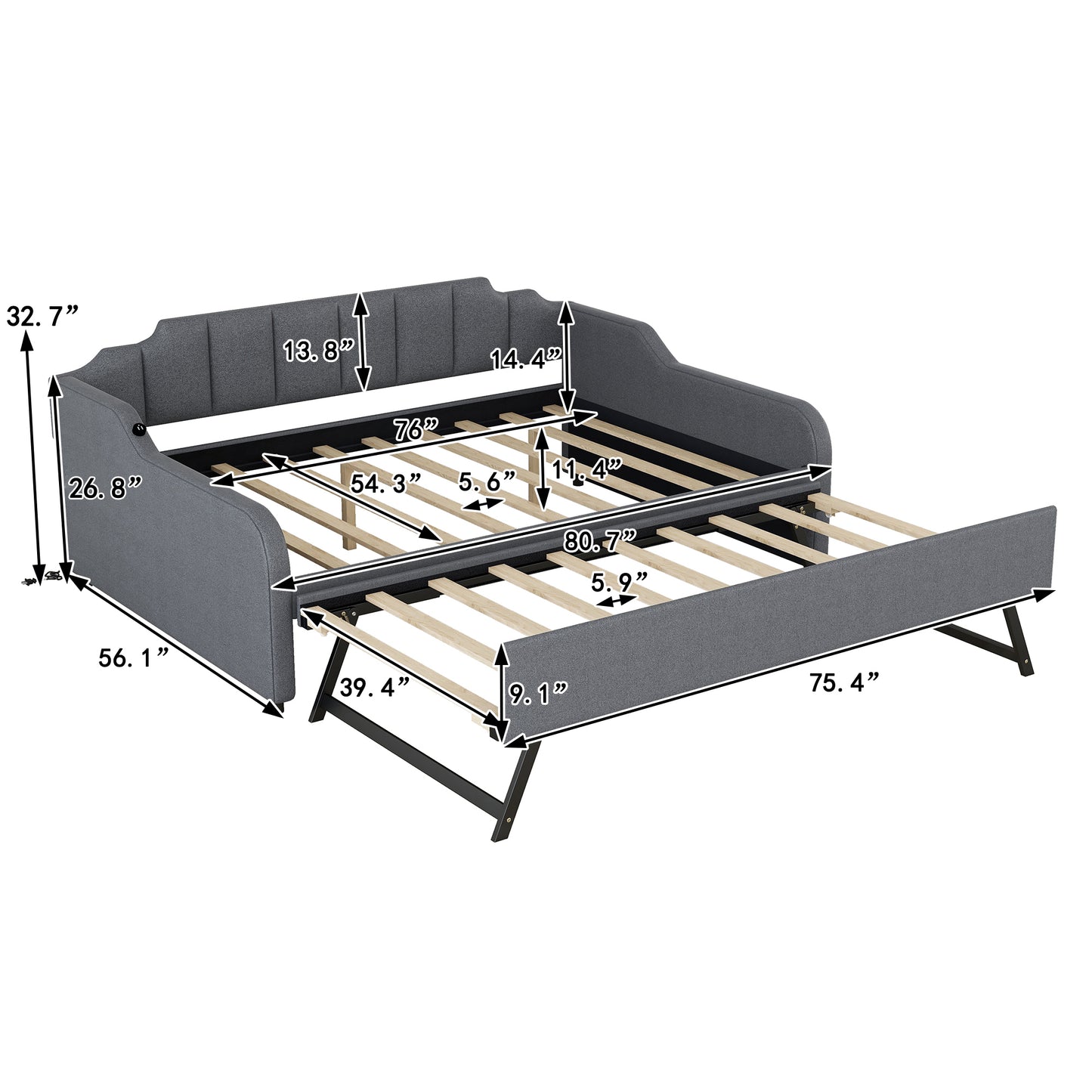 Full Size Upholstery Daybed with Trundle and USB Charging Design,Trundle can be flat or erected,Gray