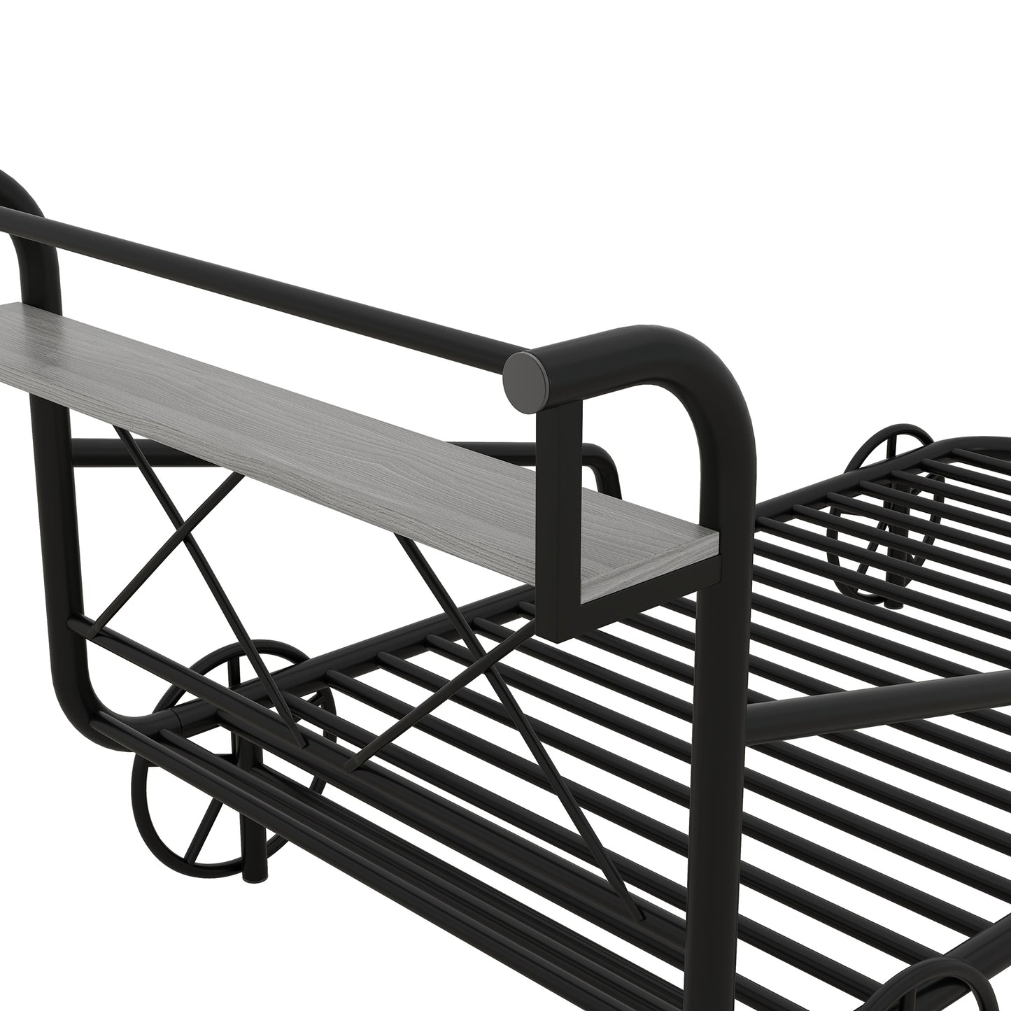 Twin Size Metal Car Bed with Four Wheels, Guardrails and  X-Shaped Frame Shelf, Black(: MF297599AAB)