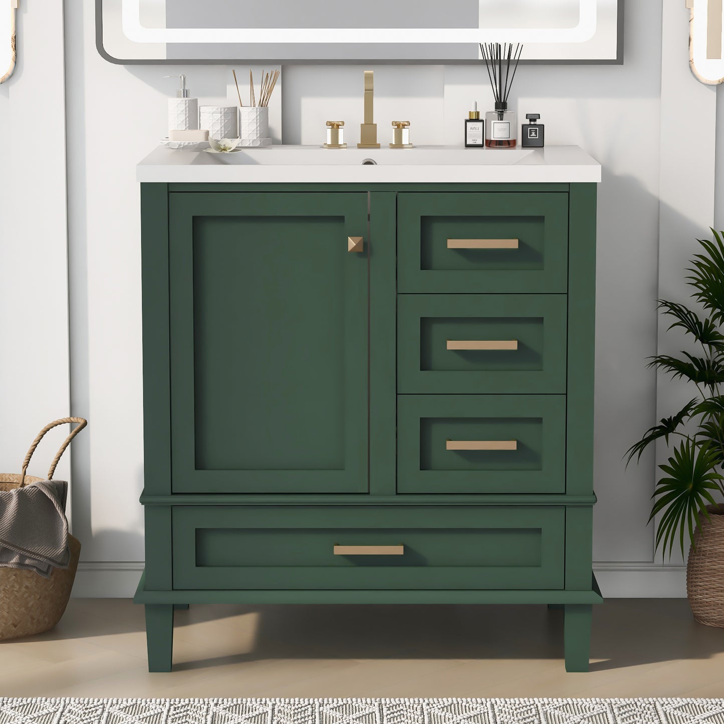 30" Bathroom Vanity in Green, Modern Bathroom Cabinet with Sink Combo Set, Bathroom Storage Cabinet with a Soft Closing Door and 3 Drawers, Solid Wood Frame