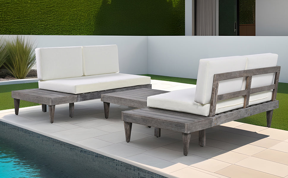 3-Piece Acacia Wood Patio Furniture Set with Conversation Sectional Sofa and Side Tables, Grey+Beige