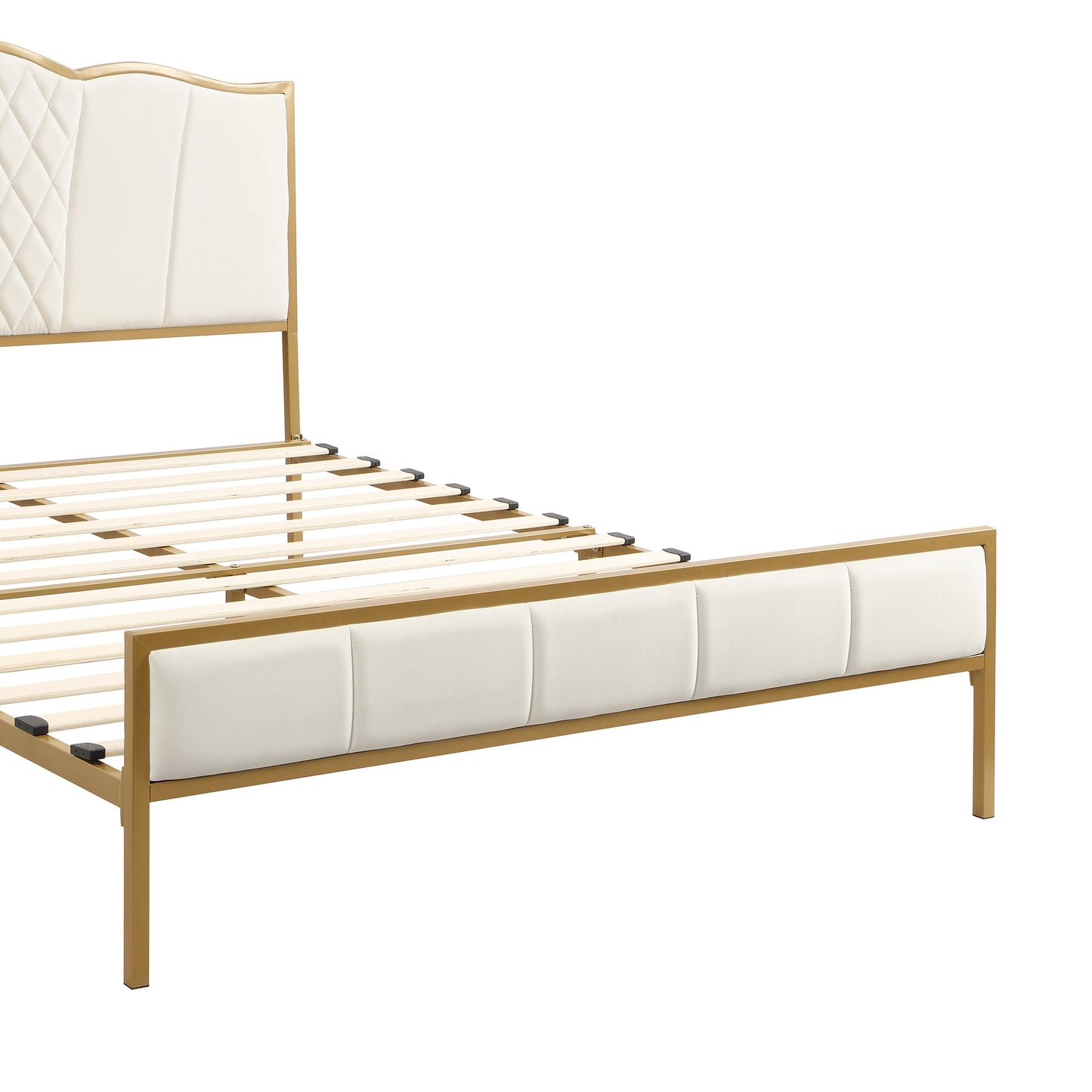 Queen Size Bed Frame, Modern Upholstered Bed Frame with Tufted Headboard, Golden Metal Platform Bed Frame with Wood Slat Support, Noise Free, No Box Spring Needed,Beige