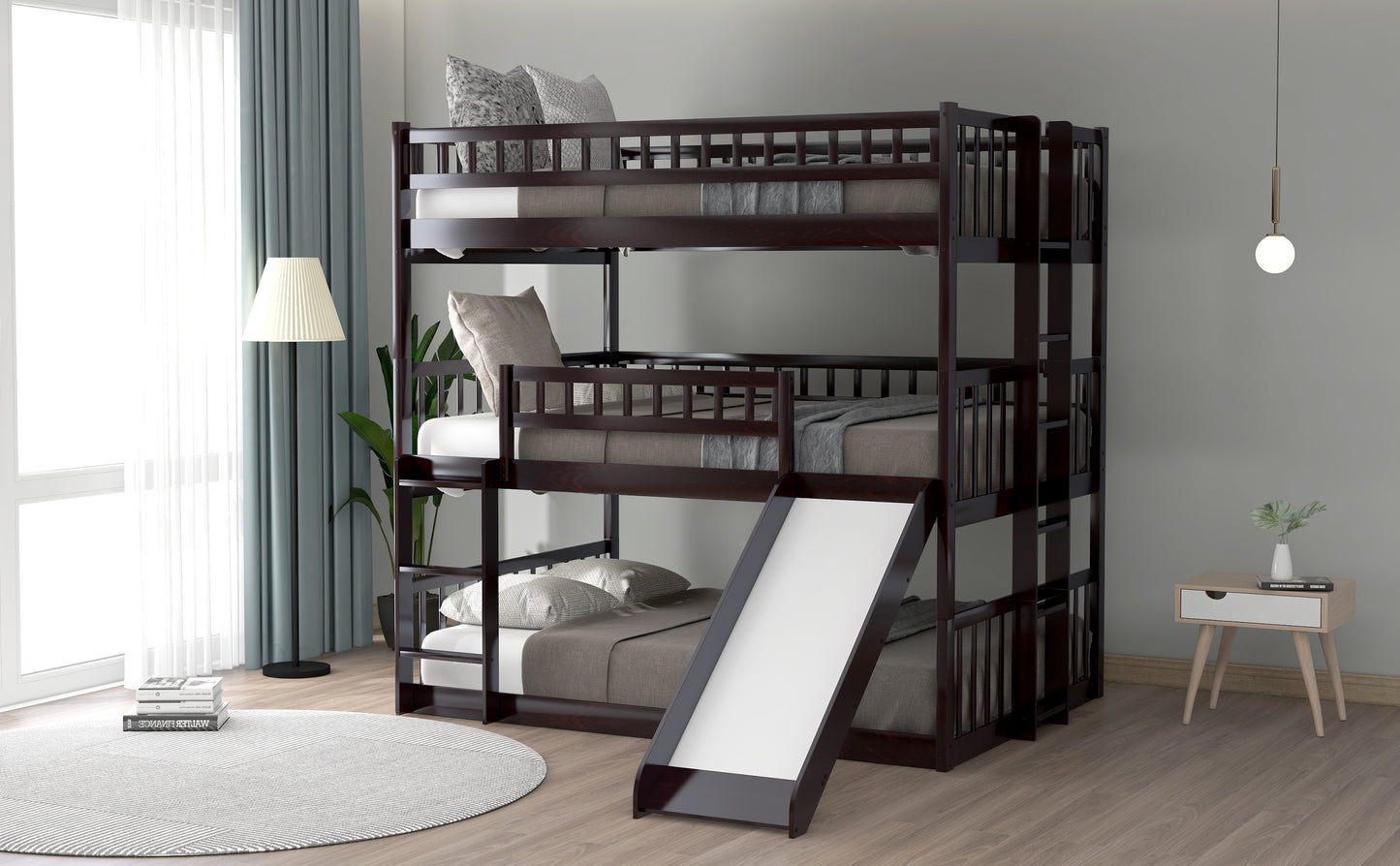 Espresso Full Triple Bunk Bed with Slide and Convertible Built-in Ladder