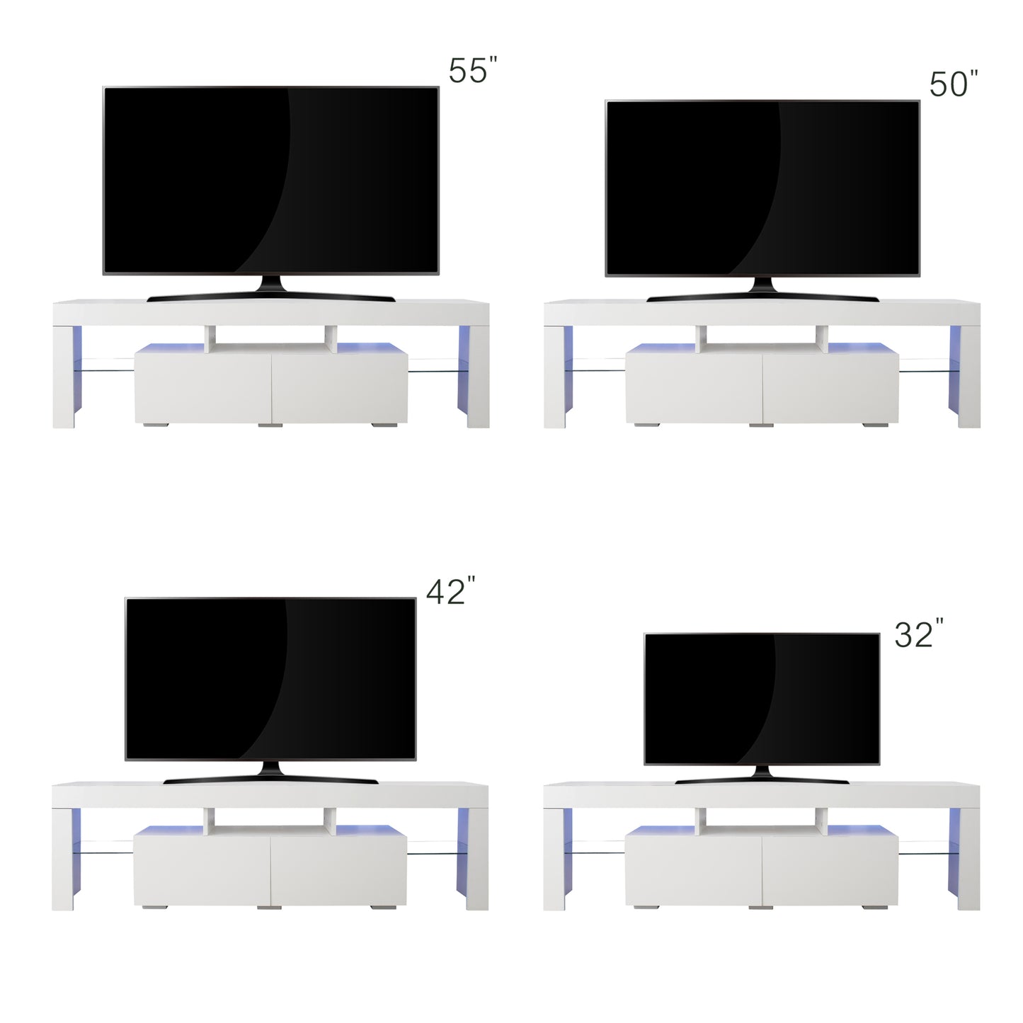 LED TV Stand with Remote Controlled Lights in Modern White, 20 Color Options