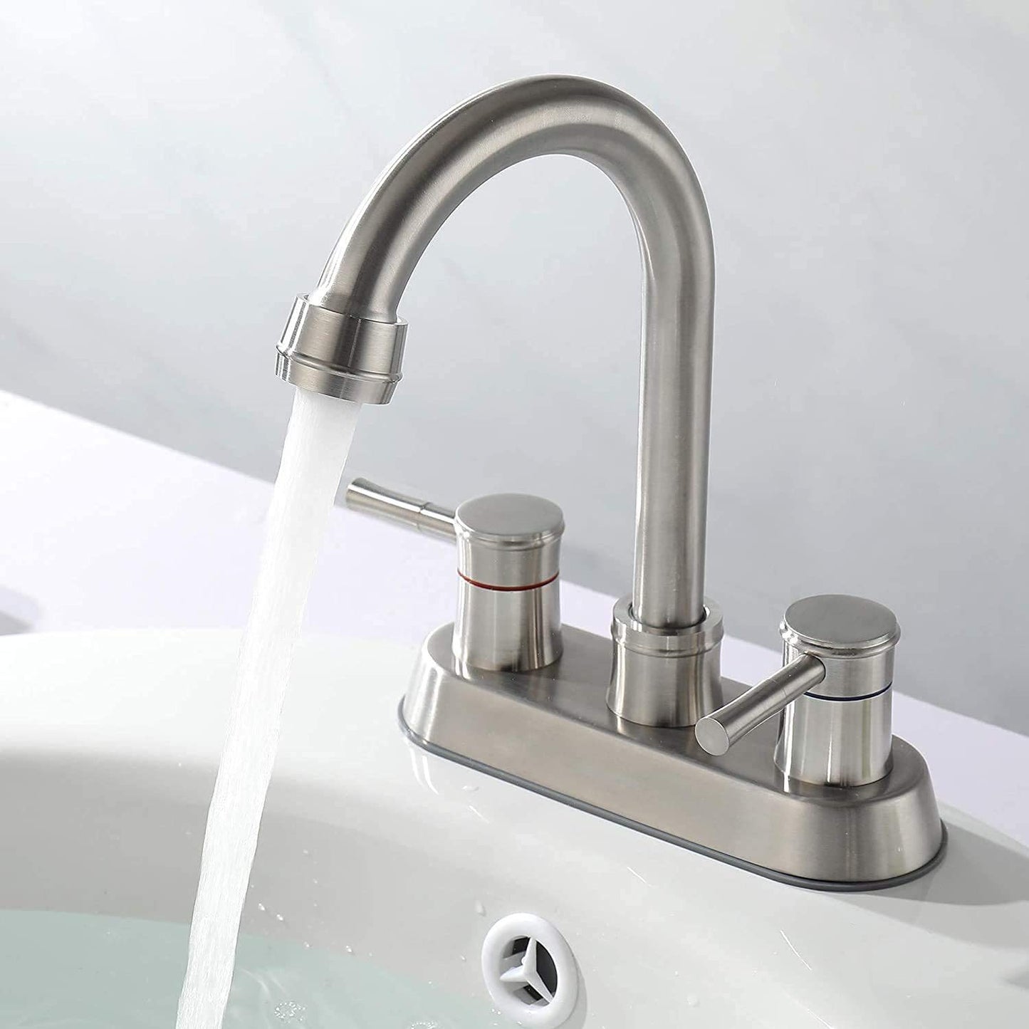 High Arc Stainless Steel Bathroom Faucet Set with Brushed Nickel Finish and Pop-Up Drain