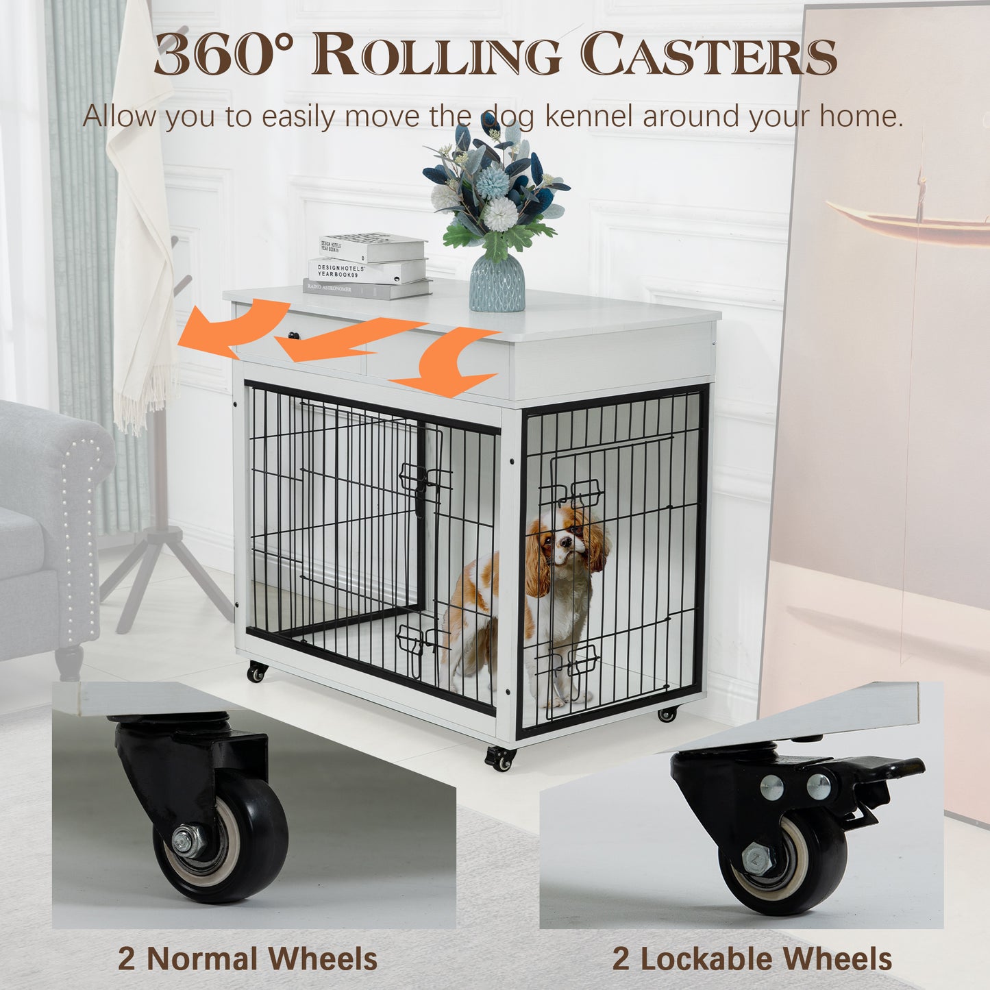 Dog Crate Furniture, Wooden Dog House, Decorative Dog Kennel with Drawer, Indoor Pet Crate End Table for Small Dog, Steel-Tube Dog Cage, Chew-Proof, White 31.7" L×23.2" W×33" H