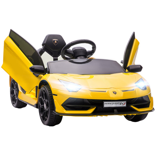 Aosom Lamborghini Aventador Licensed Kids Ride on Car with Scissor Doors, Easy Transport, 12V Electric Car for Kids with Remote Control, Suspension System, Horn, Music, Lights, Yellow