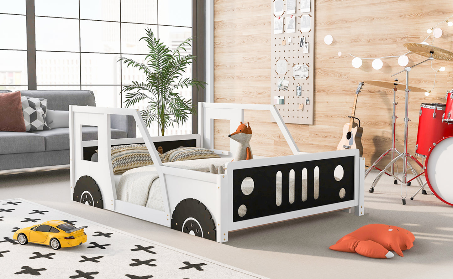 Full Size Classic Car-Shaped Platform Bed with Wheels,White