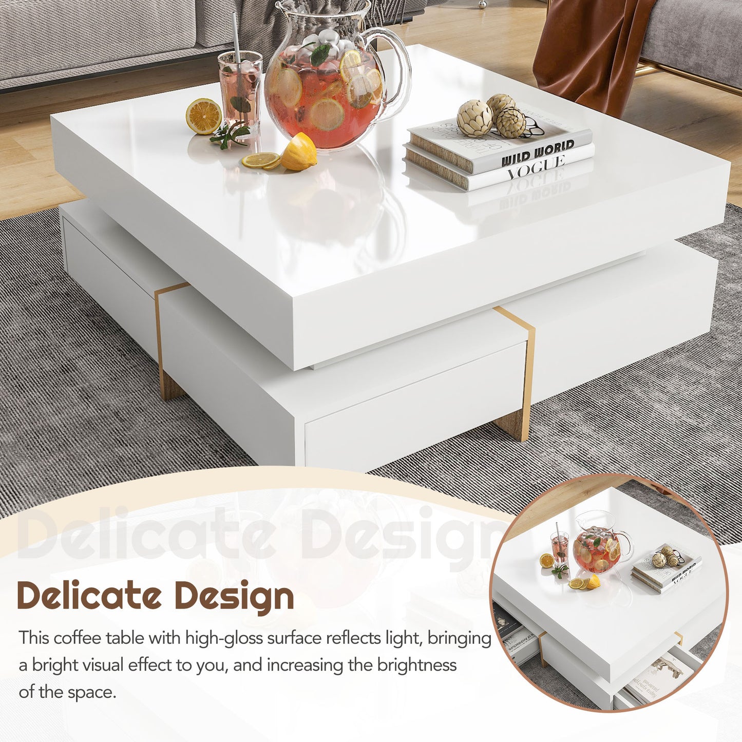 Elegant White High Gloss Coffee Table with Spacious Storage and Wood Grain Legs