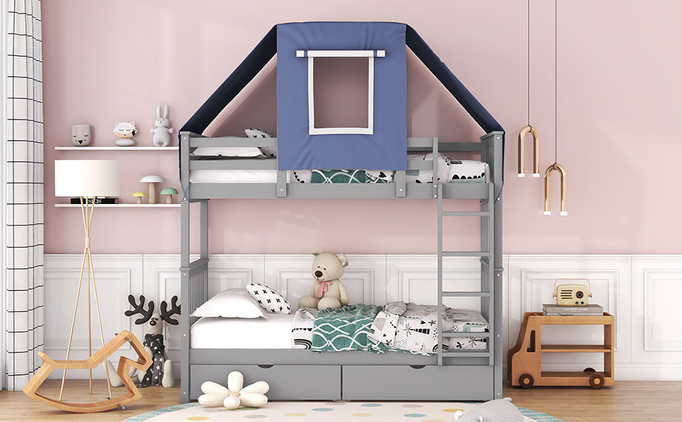 Twin Over Twin House Bunk Bed with Playful Tent and Storage Drawers, Gray+Blue Theme