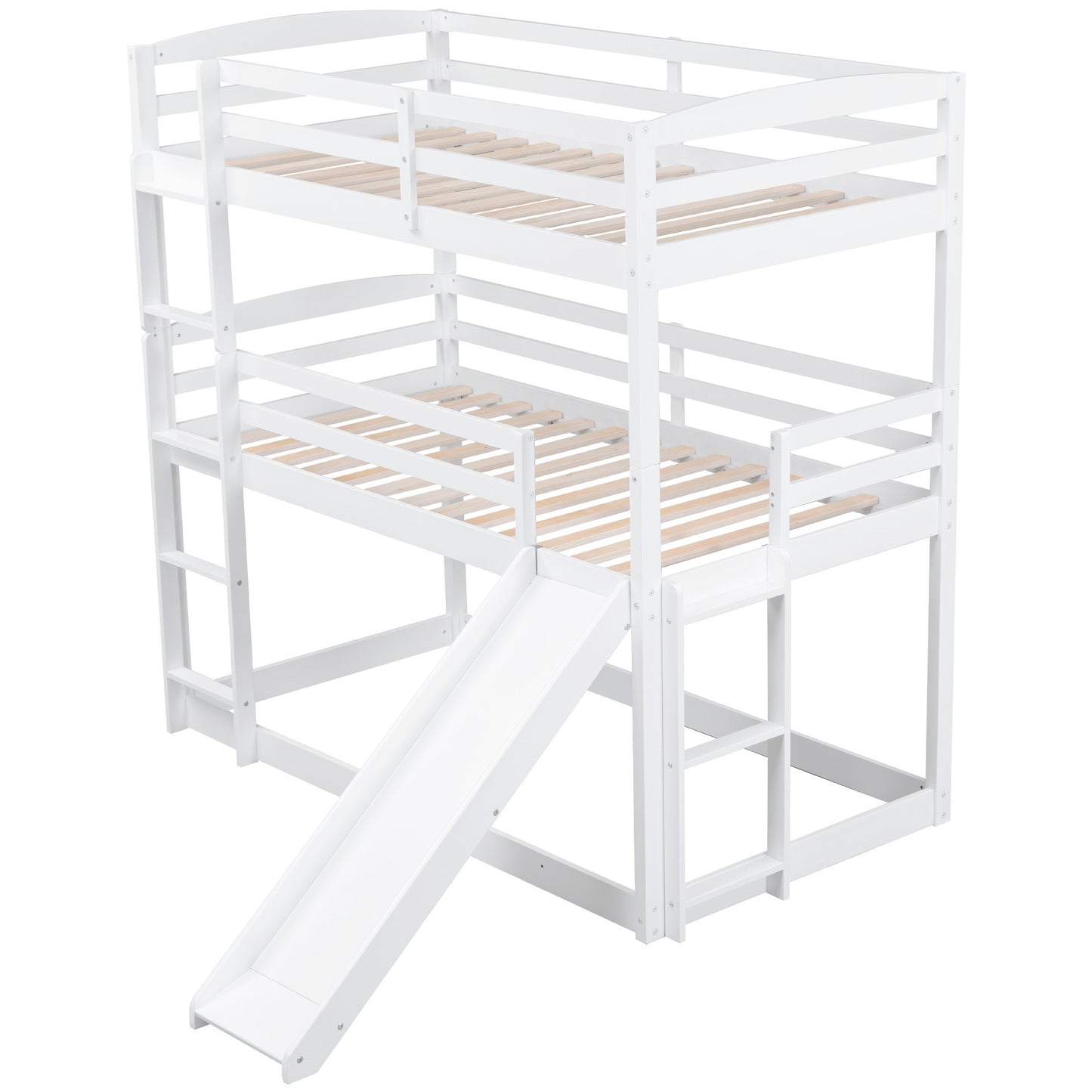 Innovative White Triple Bunk Bed with Slide, Ladder, and Vertical Space Optimization