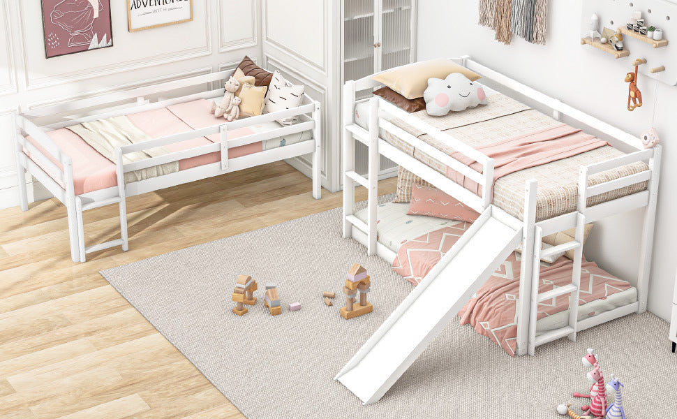 Innovative White Triple Bunk Bed with Slide, Ladder, and Vertical Space Optimization