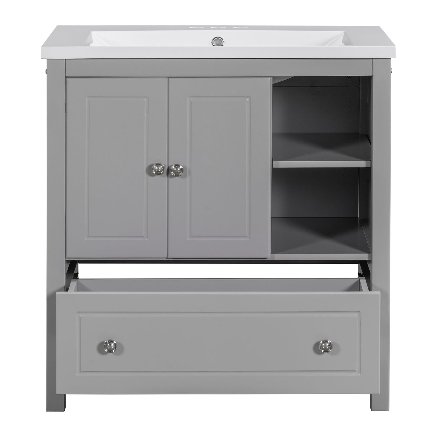 30" Bathroom Vanity with Sink, Bathroom Storage Cabinet with Doors and Drawers, Solid Wood Frame, Ceramic Sink, Grey