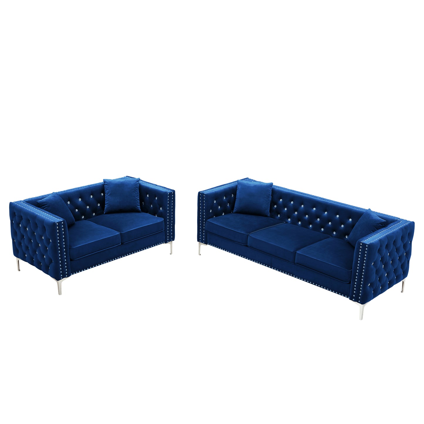 Modern Blue Velvet 2-Piece Living Room Set with Jeweled Button Tufting and Four Pillows