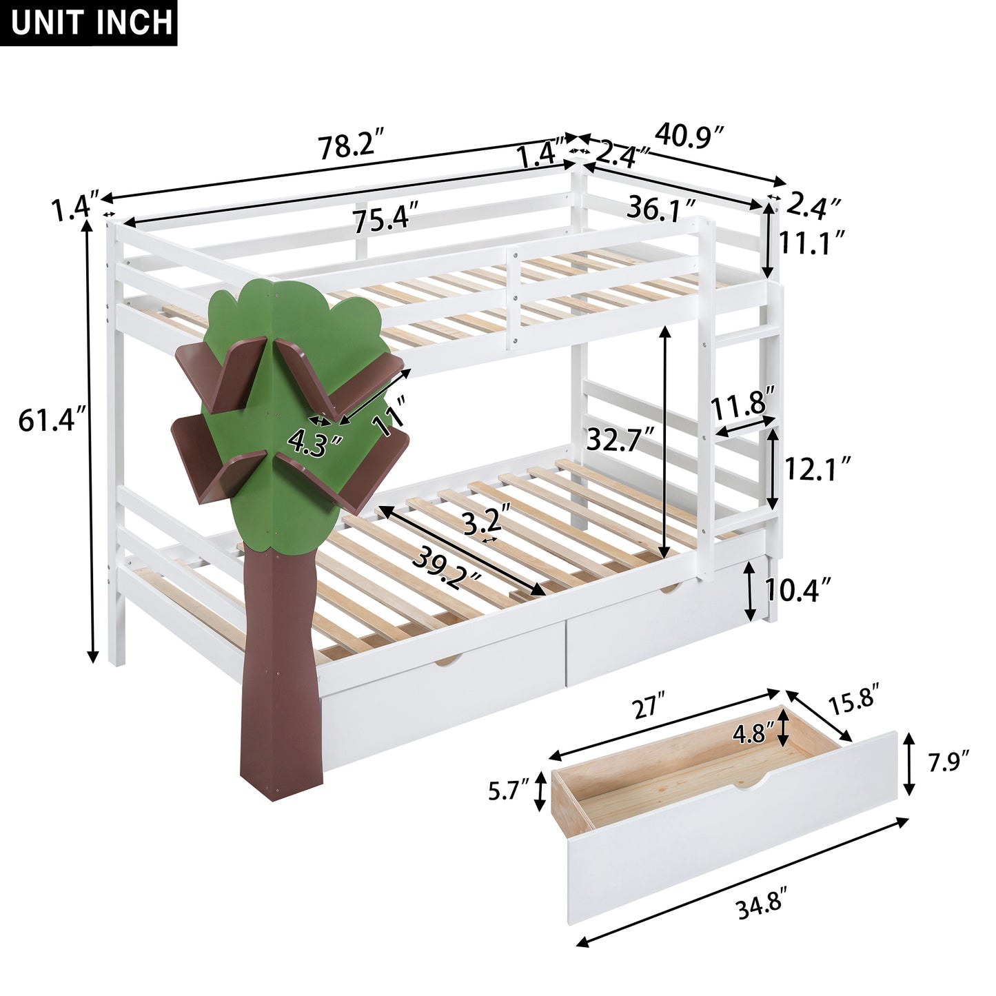 White Twin Bunk Bed with Tree Design and Storage Drawers