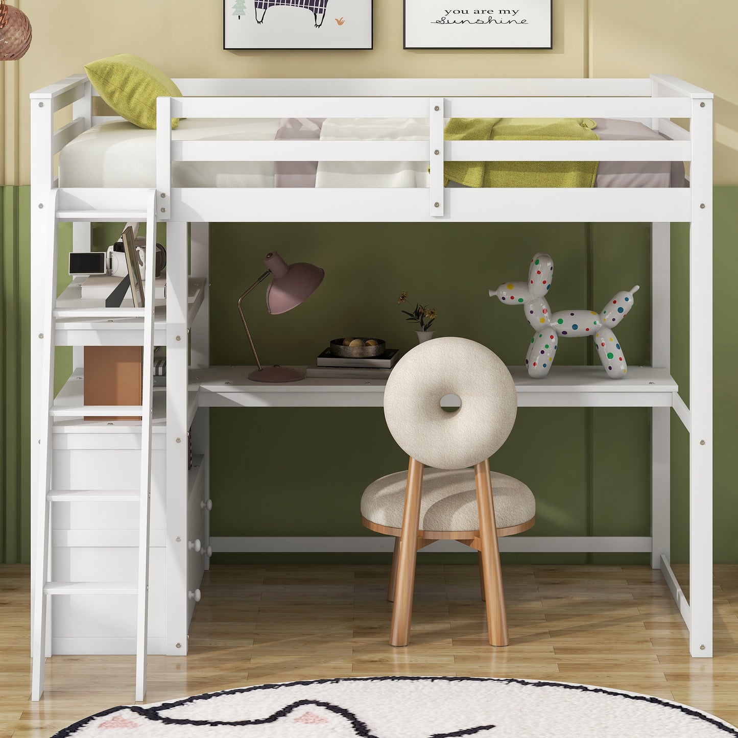 Twin Size Loft Bed with Desk and Shelves, Two Built-in Drawers, White(: GX000423AAK)