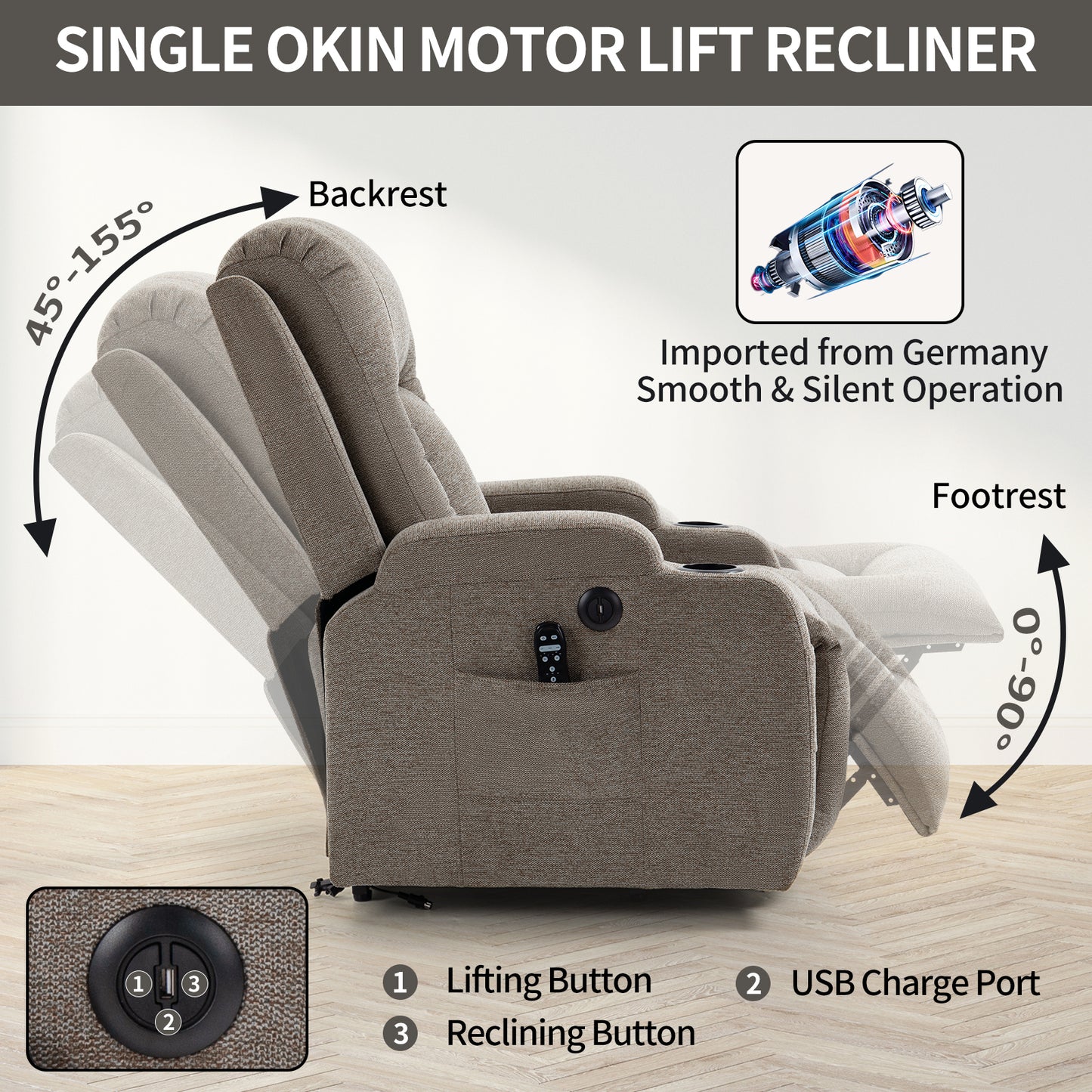 Electric Brown Recliner Chair with Lift, Massage, and Lumbar Heating